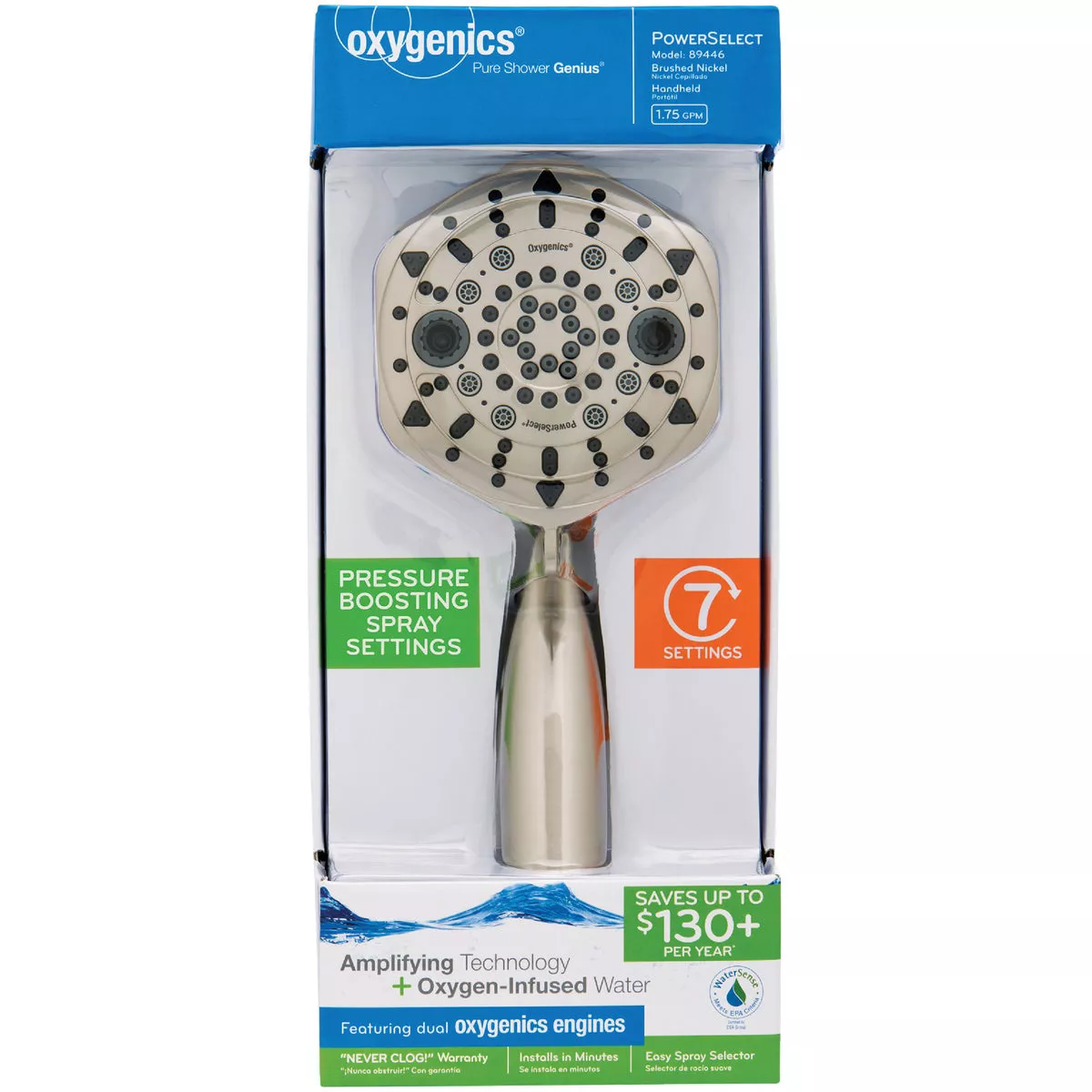 Oxygenics PowerSelect 7-Spray 1.75 GPM Handheld Shower Head, Brushed Nickel - photo 2
