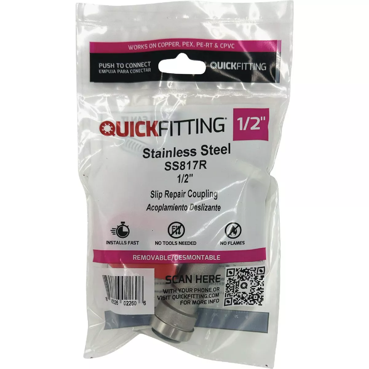 QuickFitting 1/2 In. Push-to-Connect Stainless Steel Slip Repair Coupling - photo 3