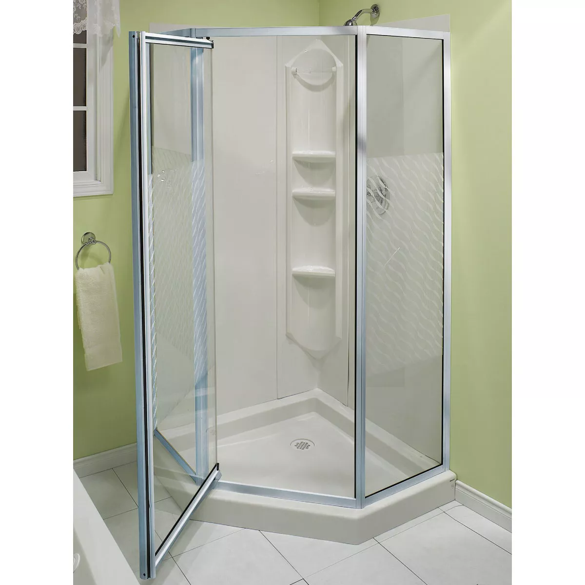 Maax Himalaya 38 In. L x 38 In. D x 74 In. H Center Drain Corner Shower Kit in White with Pivot Door in Chrome