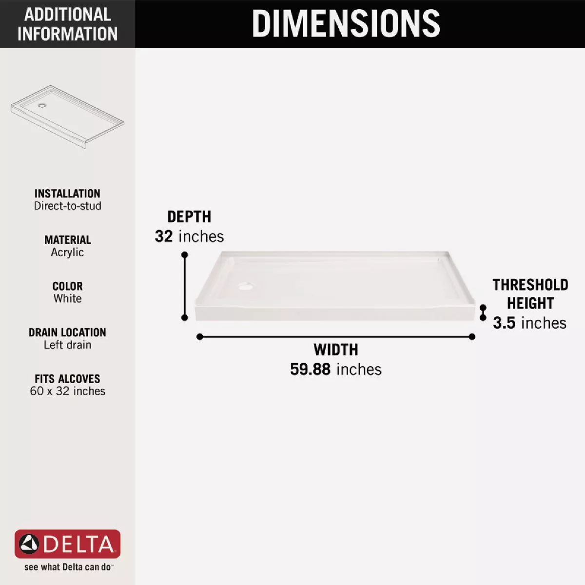 Delta Classic 500 60 In. x 32 In. Left Drain Shower Pan, White - photo 2