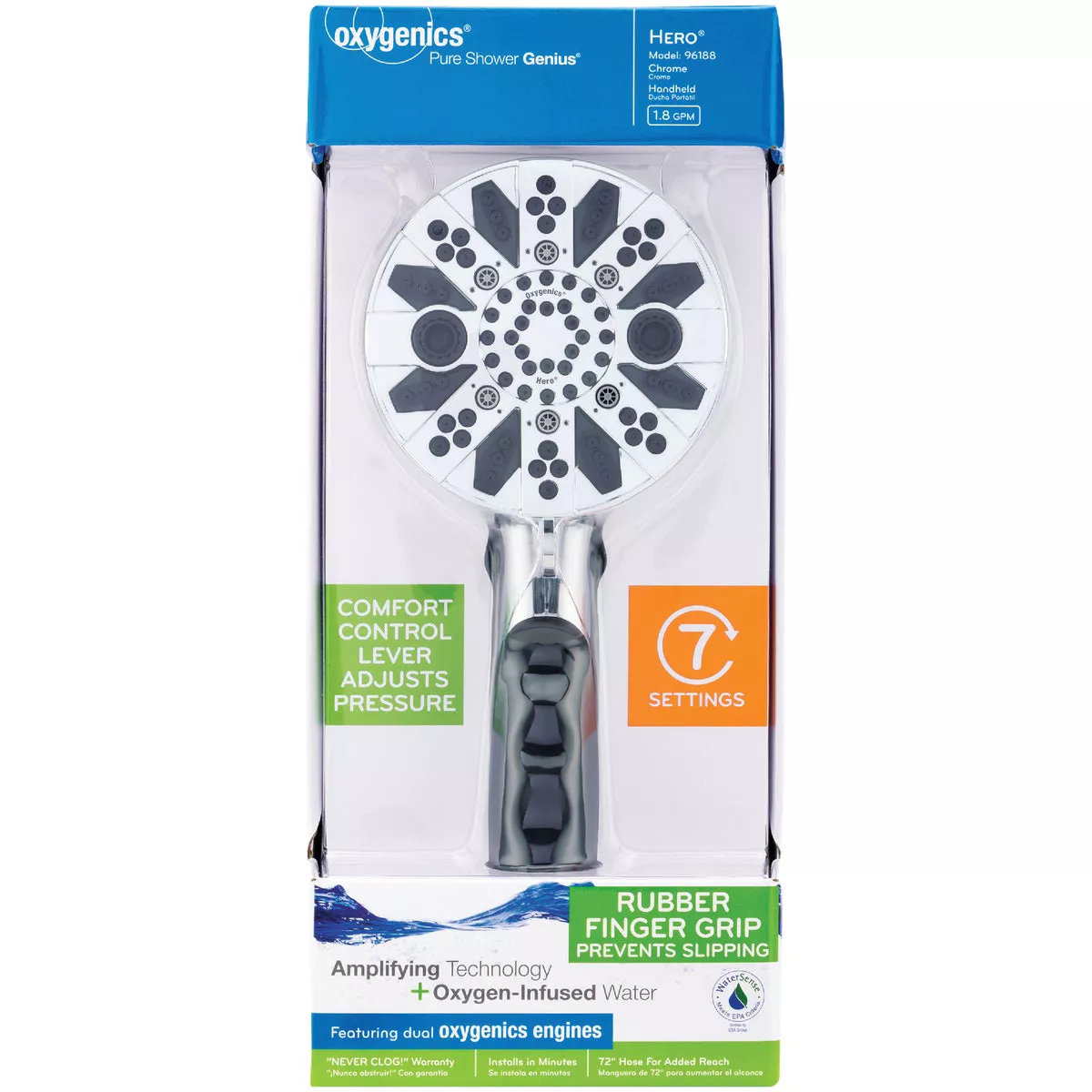 Oxygenics Hero 7-Spray 1.8 GPM Handheld Shower Head, Chrome - photo 2