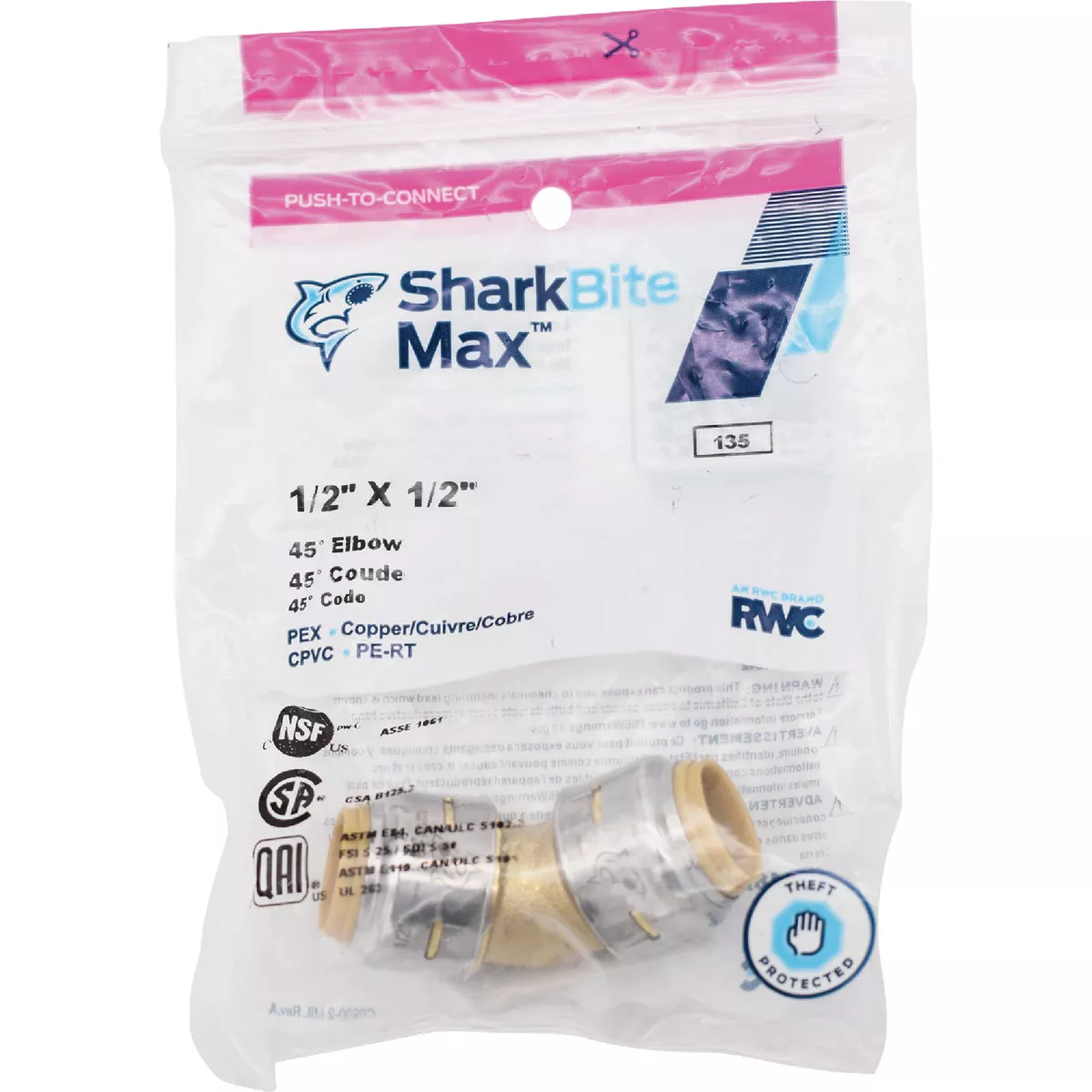 SharkBite 1/2 In. x 1/2 In. 45 Deg. Push-to-Connect Brass Elbow (1/8 Bend) - photo 2