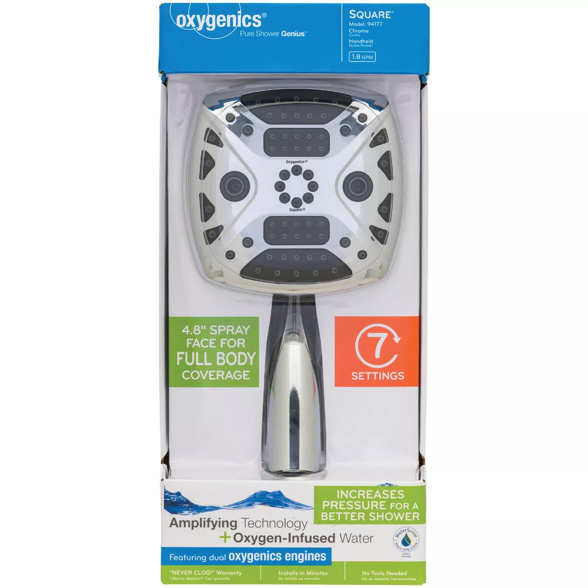 Oxygenics 7-Spray 1.8 GPM Square Handheld Shower Head, Chrome - photo 2