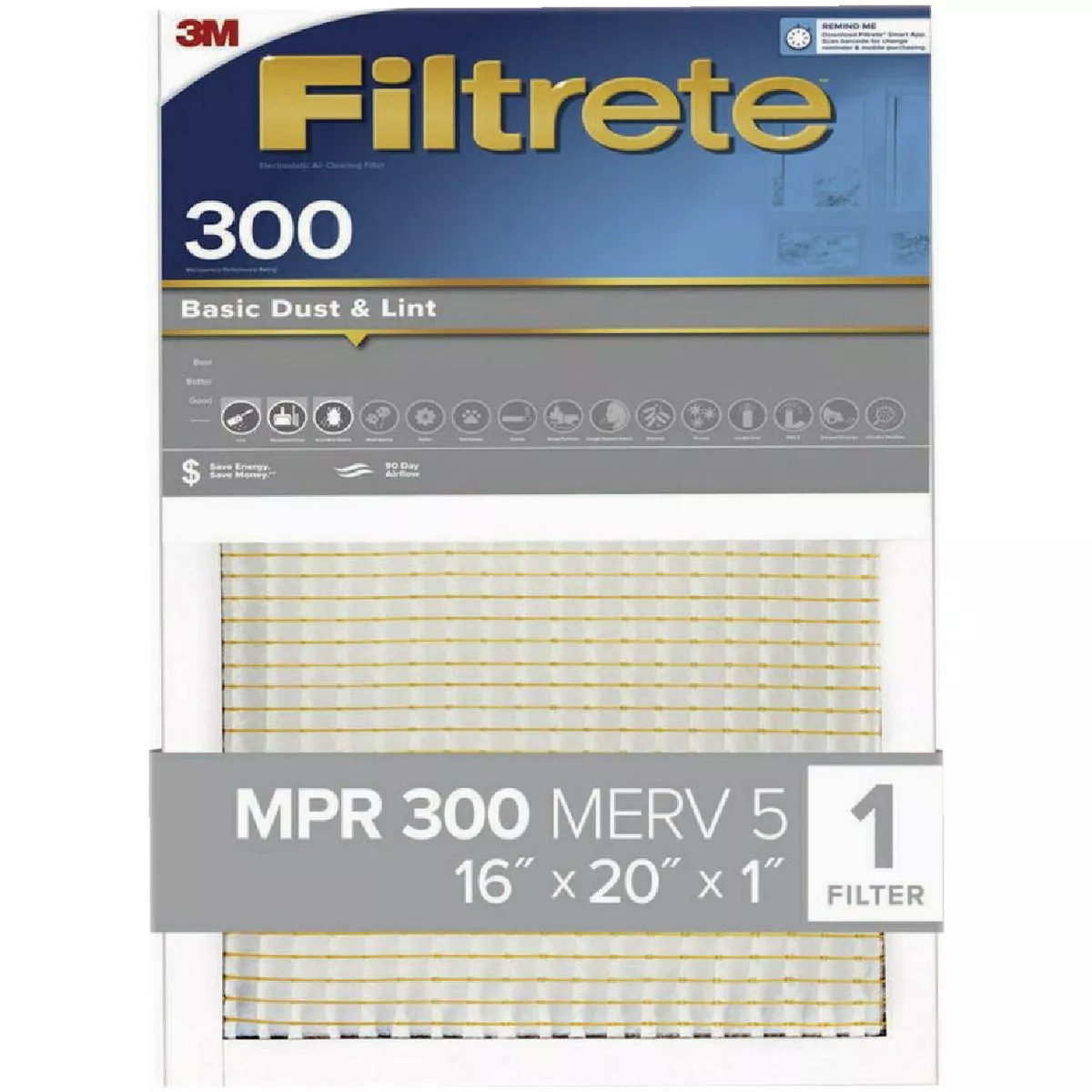 Filtrete 12 In. x 20 In. x 1 In. 300 MPR Basic Dust & Lint Furnace Filter, MERV 5