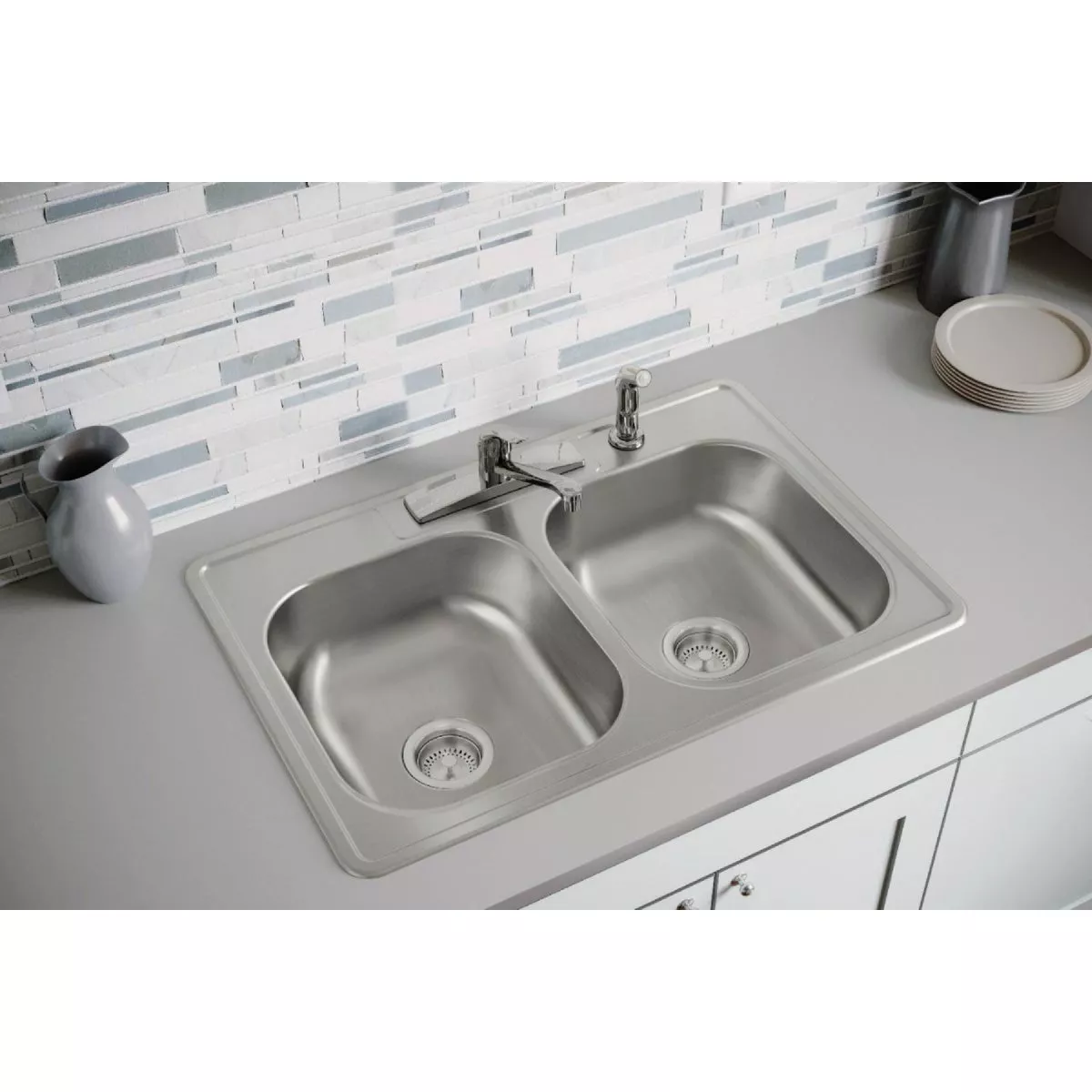 Elkay Dayton Double Bowl 33 In. x 22 In. x 7-1/16 In. Deep Stainless Steel Kitchen Sink and Faucet Kit, Drop-In - photo 2