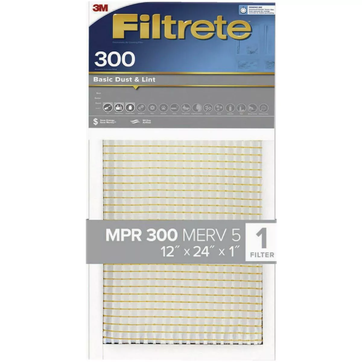 Filtrete 12 In. x 24 In. x 1 In. 300 MPR Basic Dust & Lint Furnace Filter, MERV 5