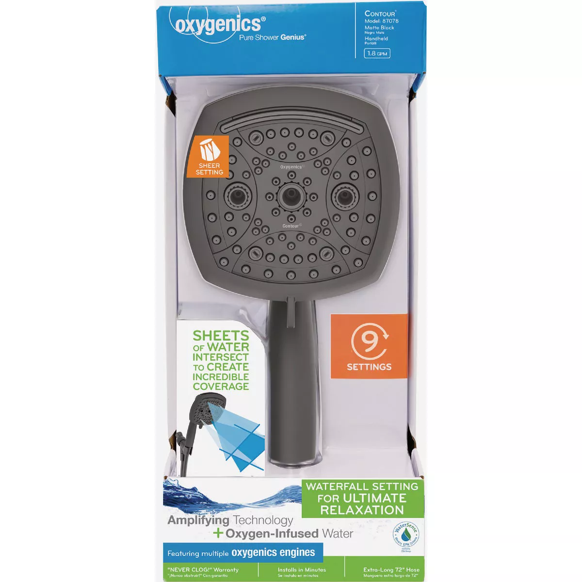 Oxygenics Contour 9-Spray 1.8 GPM Handheld Showerhead, Matte Black - photo 2