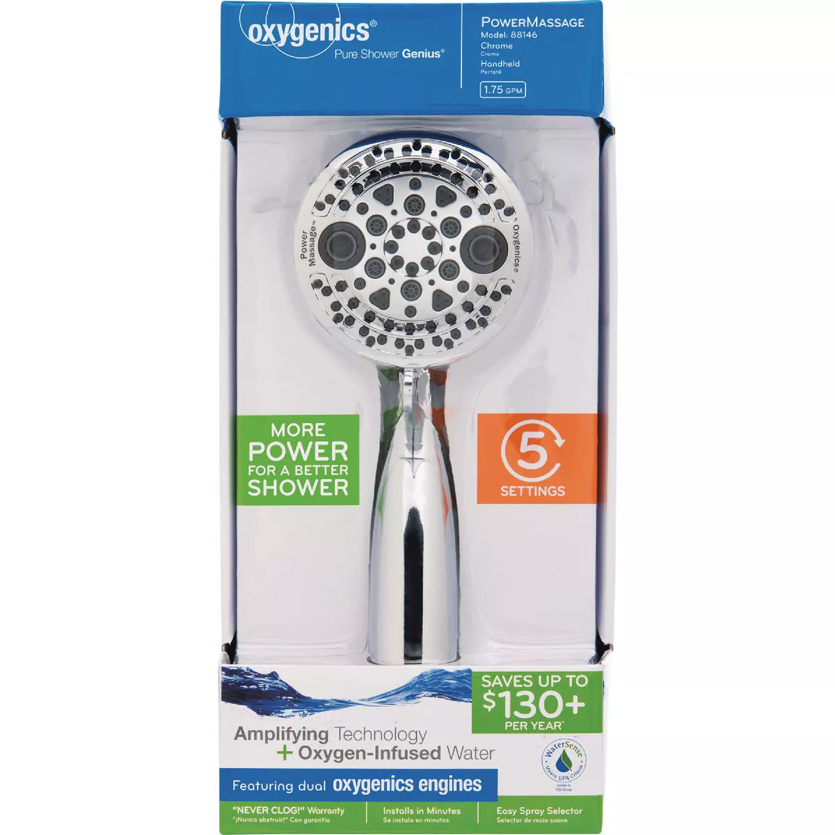 Oxygenics PowerMassage 5-Spray 1.75 GPM Handheld Showerhead, Chrome - photo 7