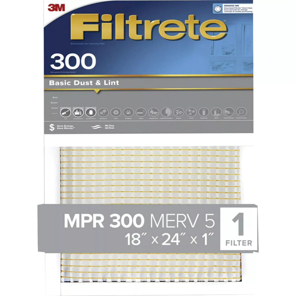 Filtrete 18 In. x 24 In. x 1 In. 300 MPR Basic Dust & Lint Furnace Filter, MERV 5