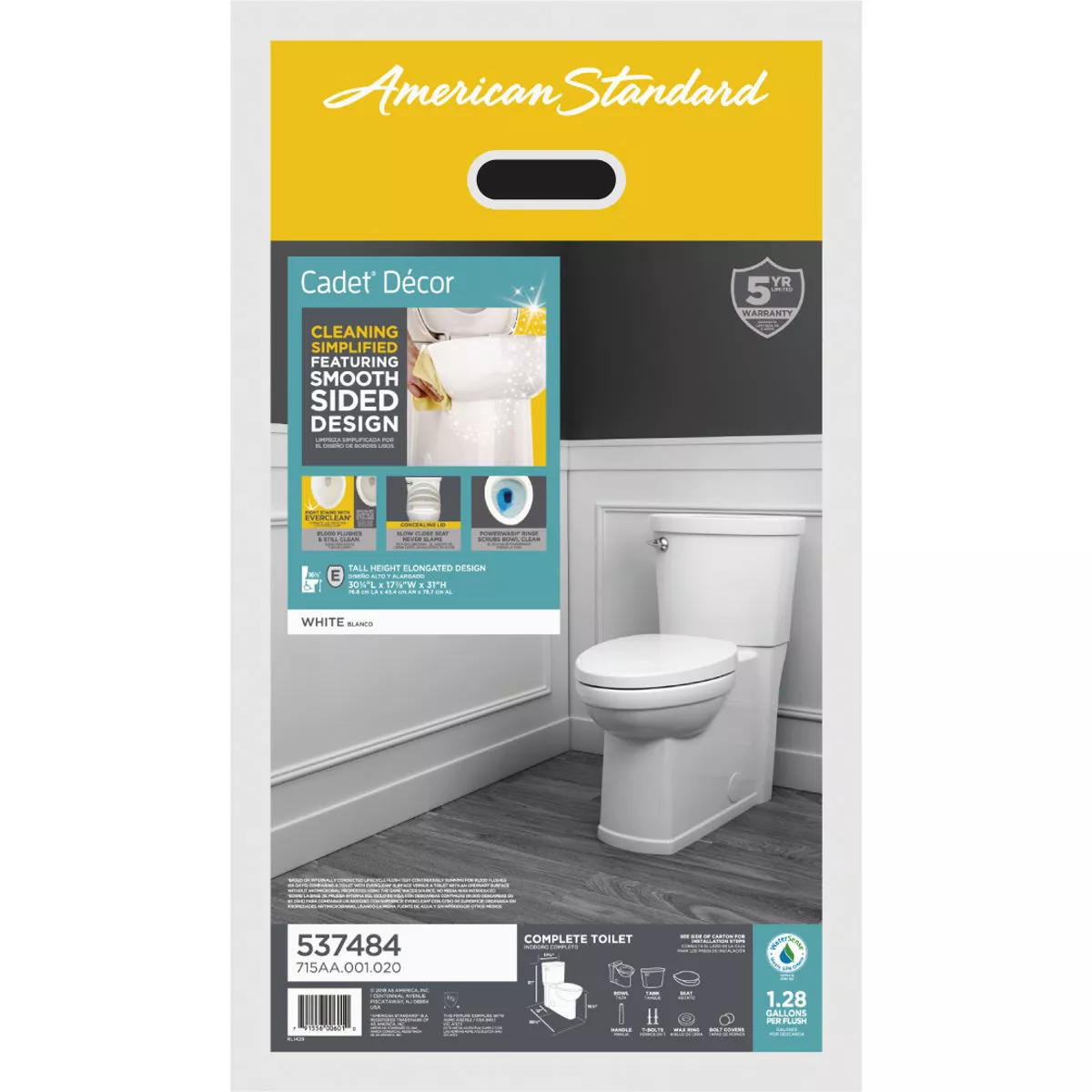 American Standard Cadet Decor White Chair Height Elongated Bowl 1.28 GPF Toilet - photo 2