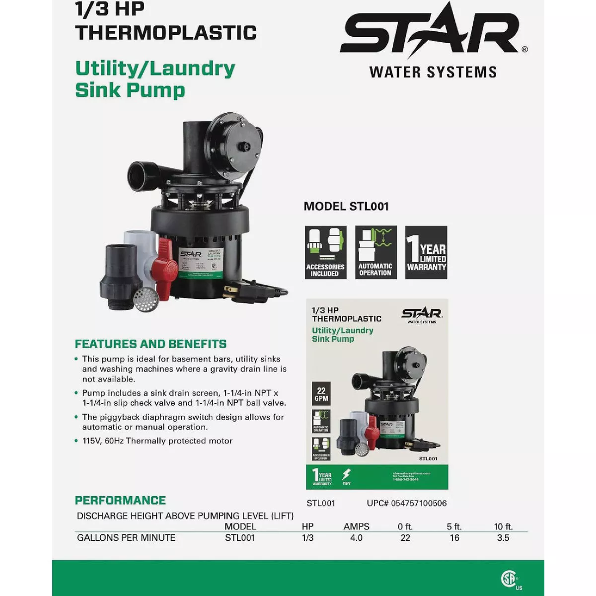 Star Water Systems 1/3 HP Thermoplastic Utility/Laundry Sink Pump - photo 3