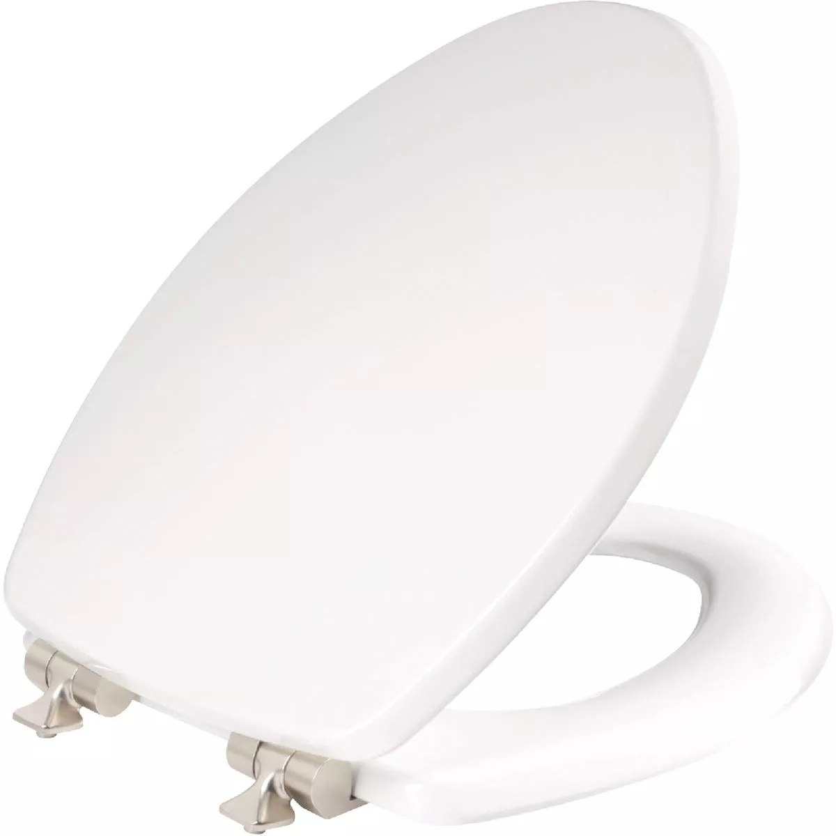 Bemis Mayfair Benton Elongated White Enameled Wood Toilet Seat with Slow Close Brushed Nickel Metal Hinge