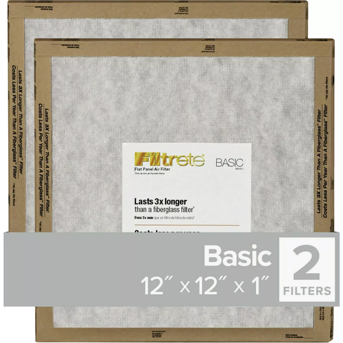 Filtrete 12 In. x 12 In. x 1 In. Basic MPR Flat Panel Furnace Filter, MERV 2 (2-Pack)