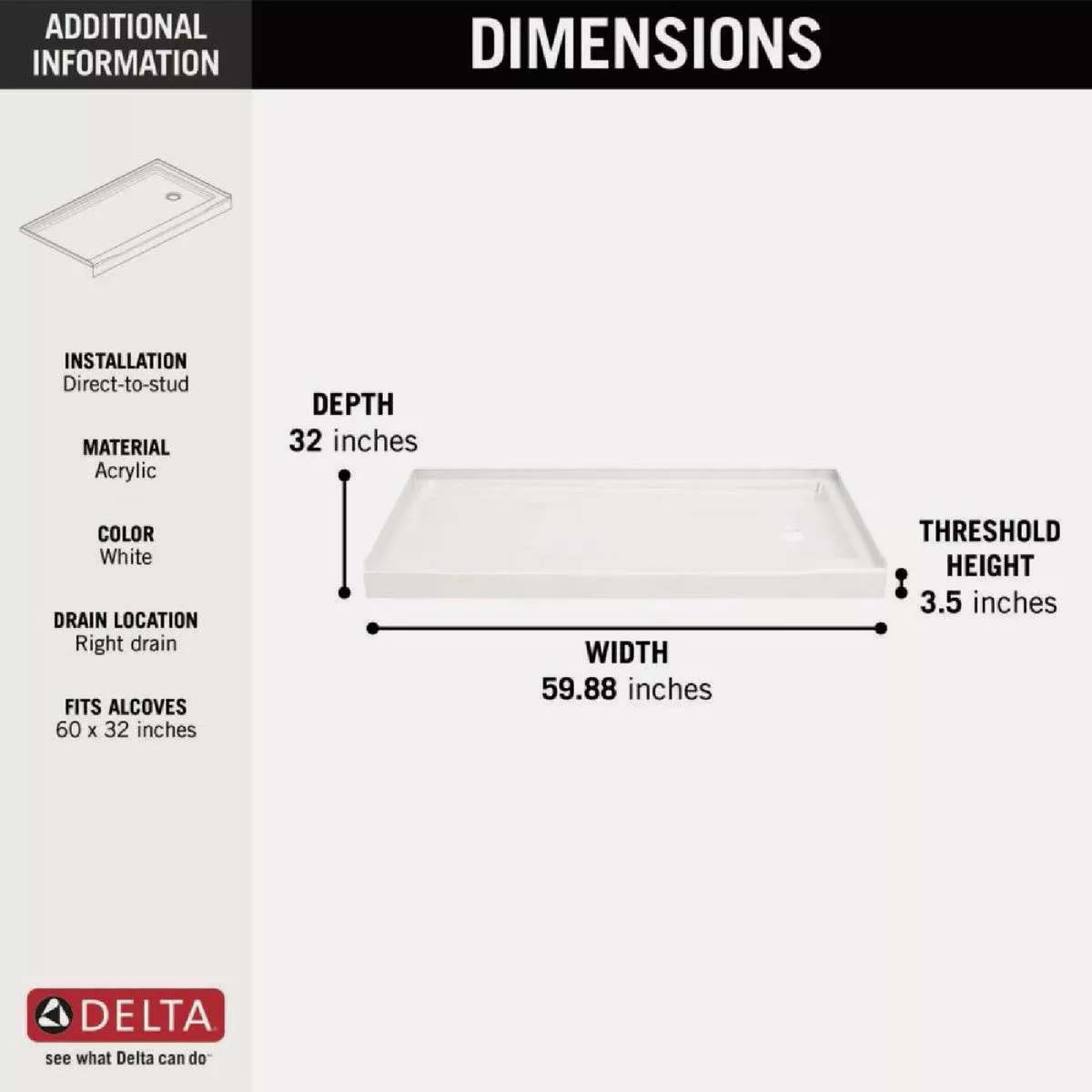 Delta Classic 500 60 In. x 32 In. Right Drain Shower Pan, White - photo 4