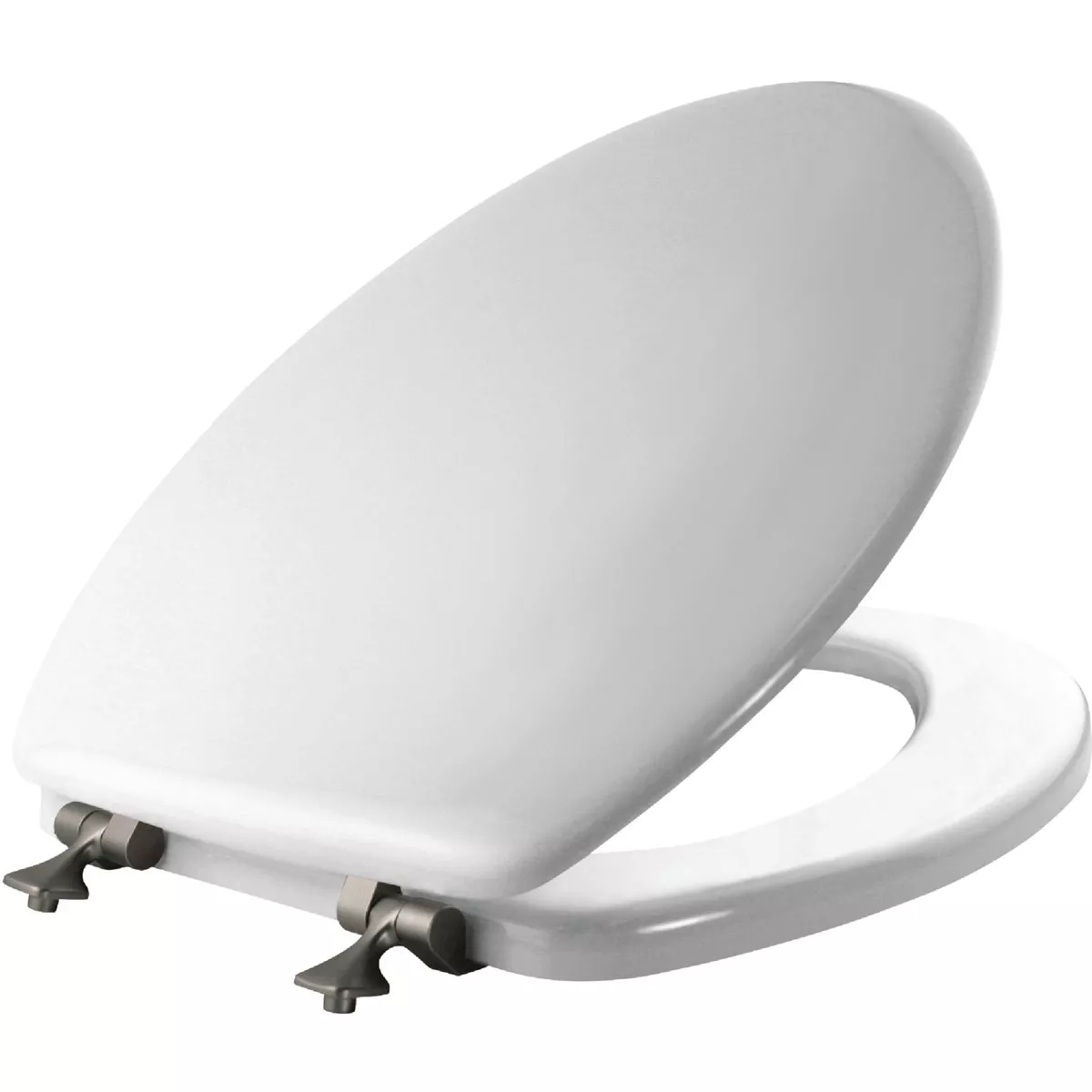 Bemis Mayfair Elongated Closed Front White Wood Toilet Seat with Brushed Nickel Hinges