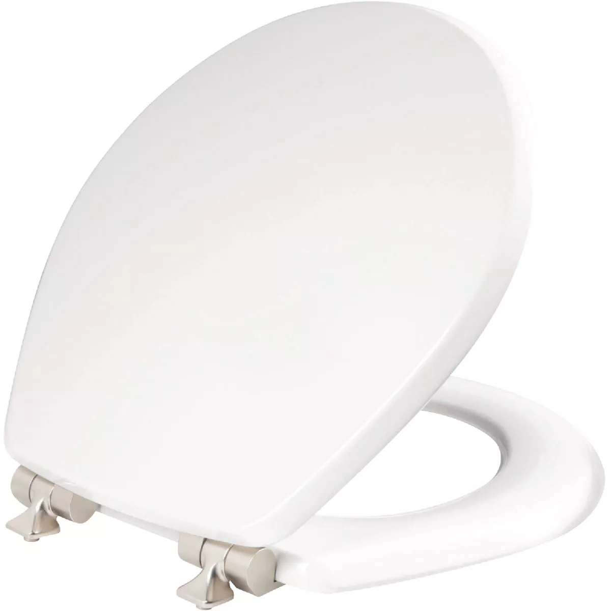 Bemis Mayfair Benton Round White Enameled Wood Toilet Seat with Slow Close Brushed Nickel Metal Hinge