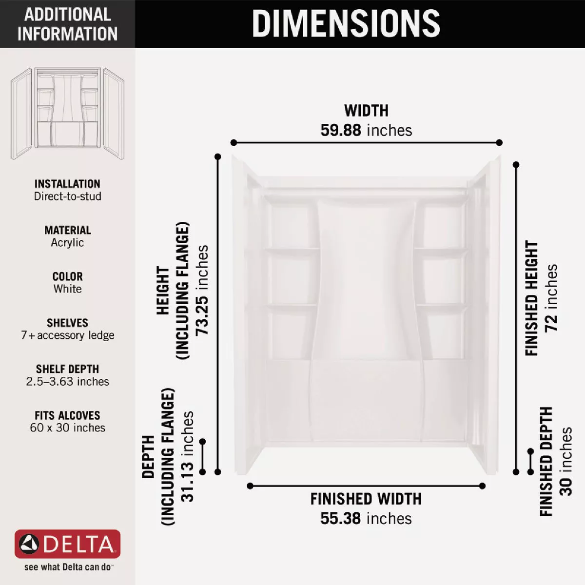 Delta Classic 500 60 In. x 73.25 In. x 30 In. Alcove Shower Wall Set, White (3-Piece) - photo 2