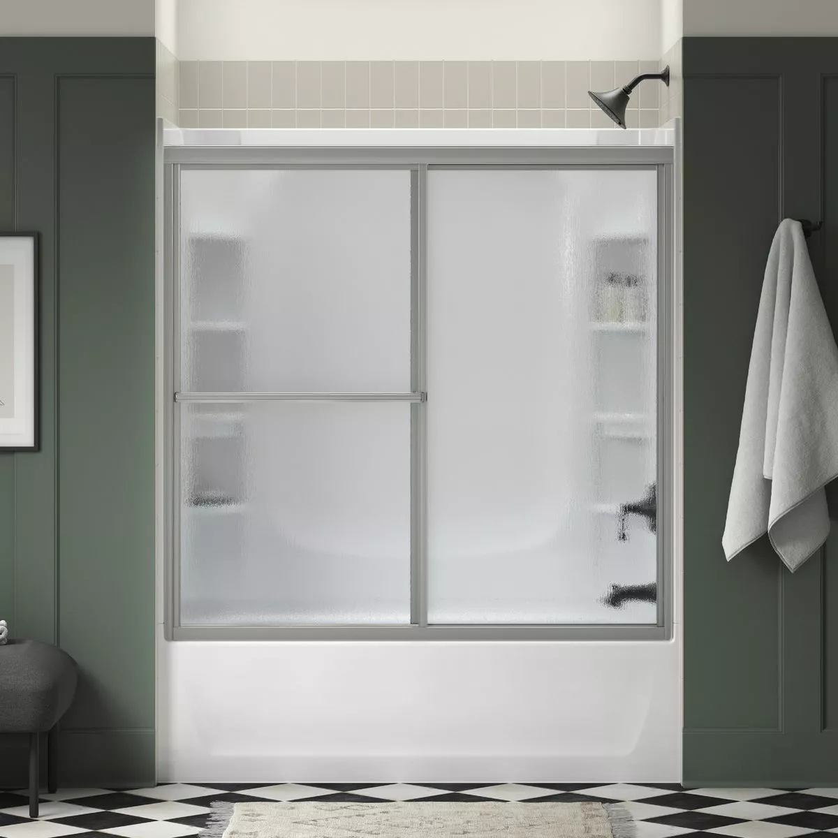 Sterling Deluxe Framed 59-3/8 In. W. X 56-1/4 In. H. Chrome Rain Glass Sliding Tub Door - photo 2