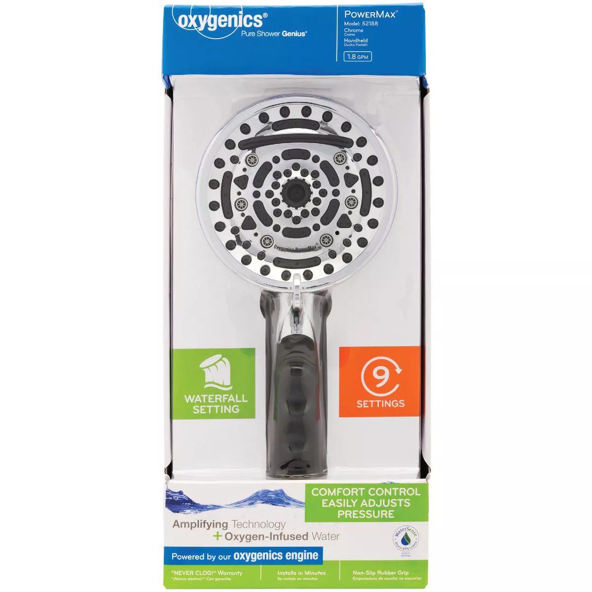 Oxygenics PowerMax 9-Spray 1.8 GPM Hand Held Shower Head, Chrome - photo 2