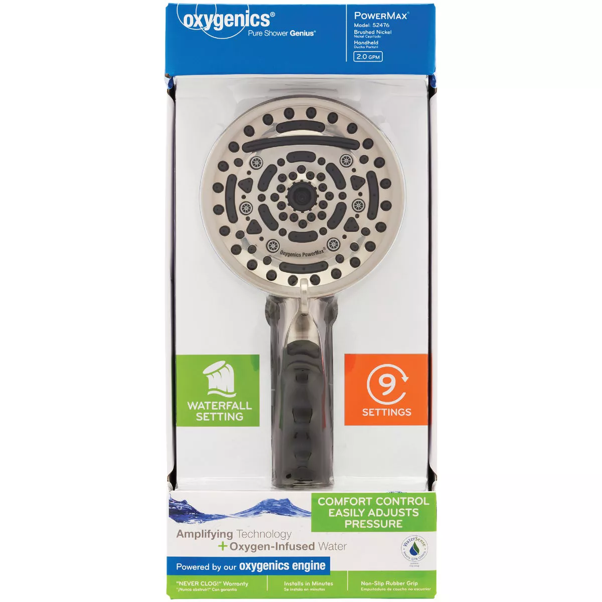 Oxygenics PowerMax 9-Spray 1.8 GPM Handheld Shower Head, Brushed Nickel - photo 2