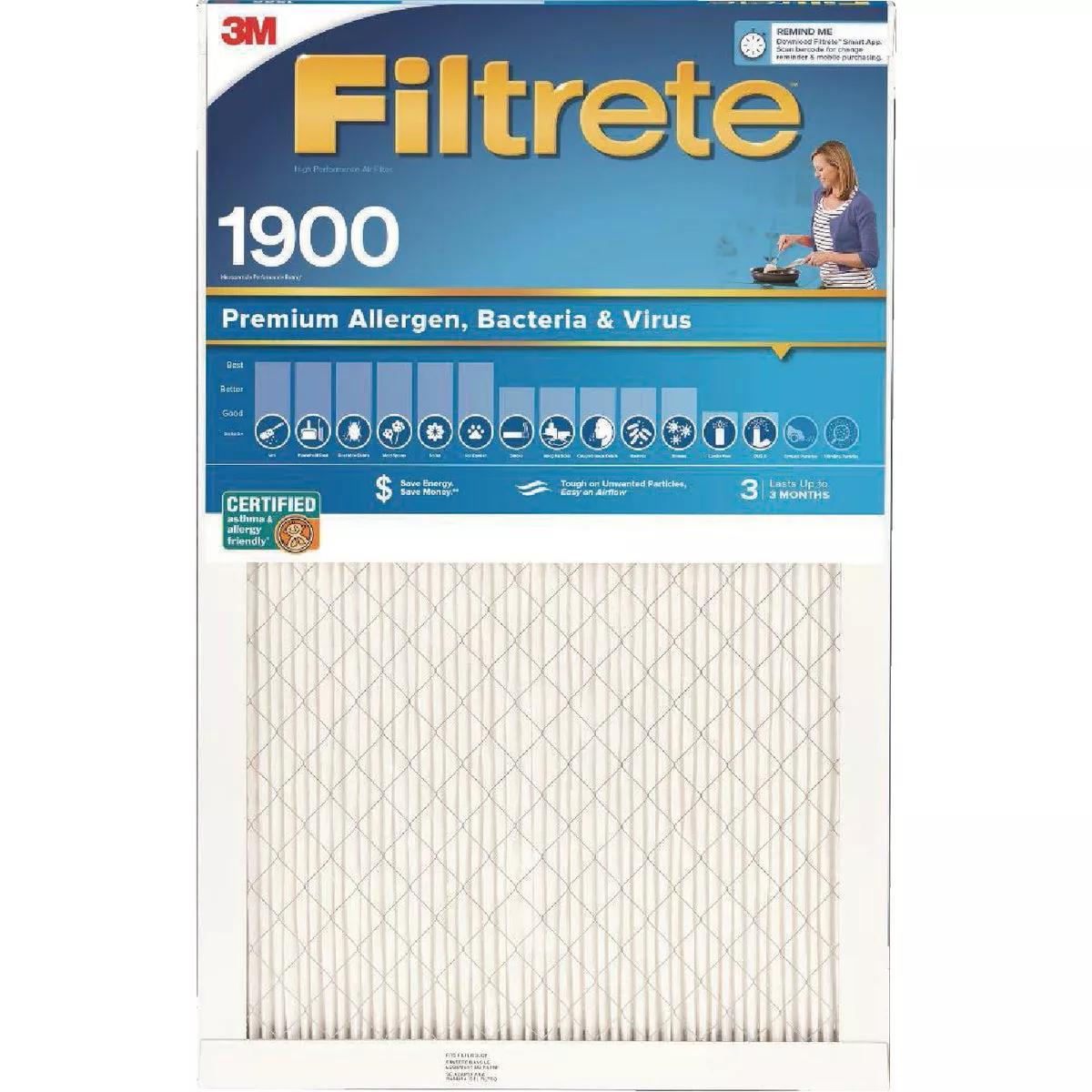 Filtrete 20 In. x 20 In. x 1 In. 1900 MPR Premium Allergen, Bacteria & Virus Furnace Filter, MERV 13