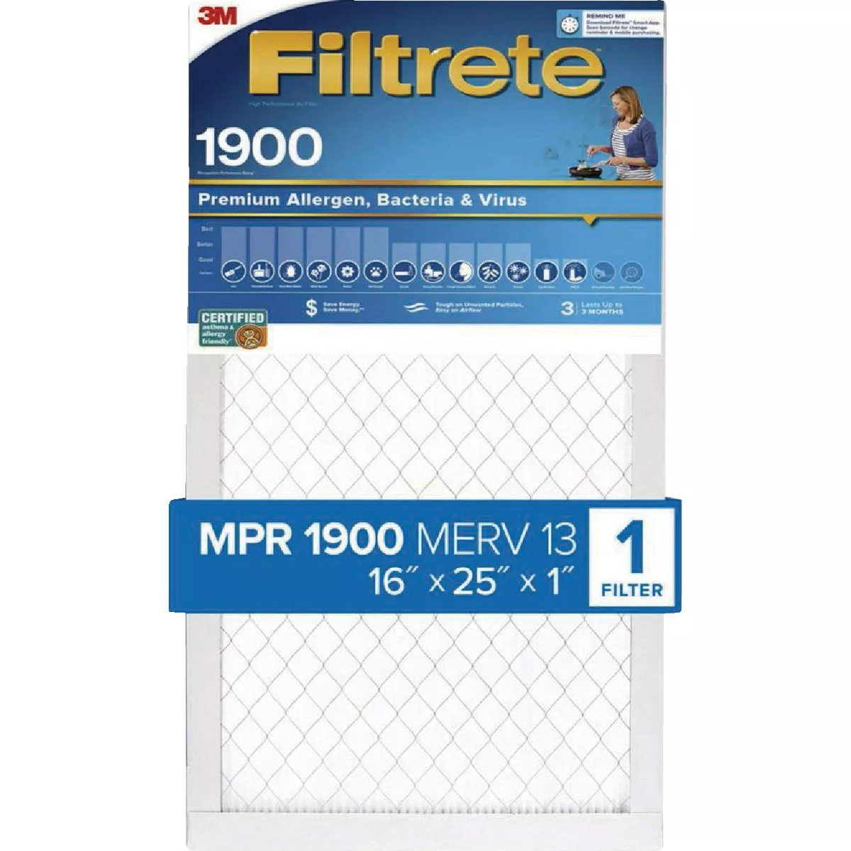 Filtrete 20 In. x 20 In. x 1 In. 1900 MPR Premium Allergen, Bacteria & Virus Furnace Filter, MERV 13 - photo 2