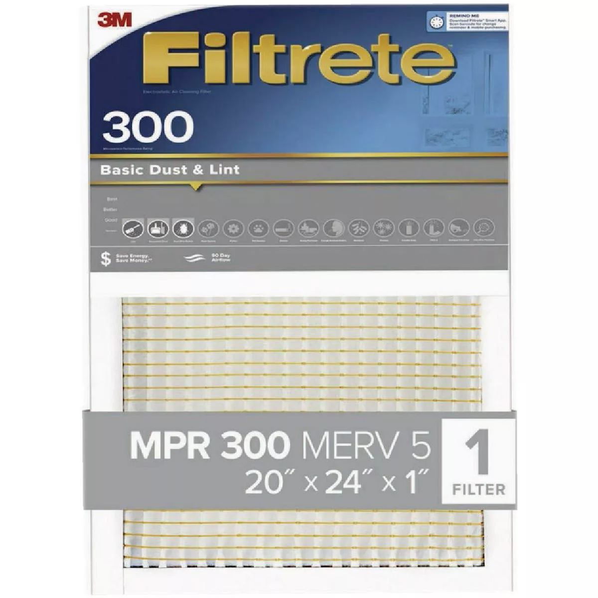 Filtrete 20 In. x 24 In. x 1 In. 300 MPR Basic Dust & Lint Furnace Filter, MERV 5