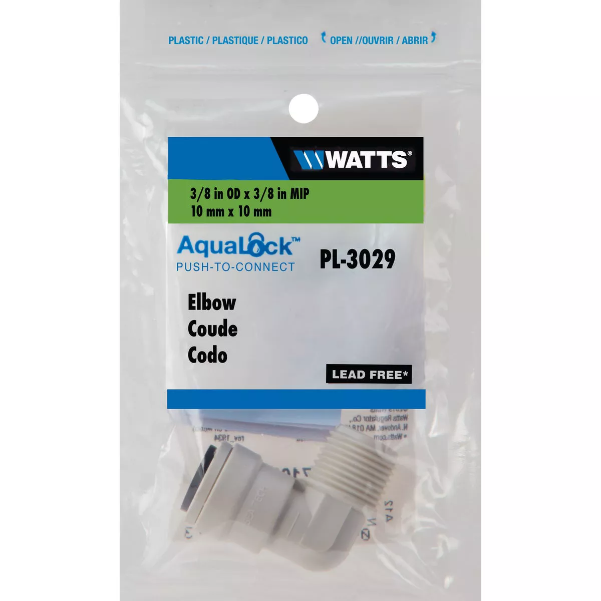 Watts Aqualock 3/8 In. OD x 3/8 In. MNPT 90 Deg. Push-to-Connect Plastic Elbow (1/4 Bend) - photo 2