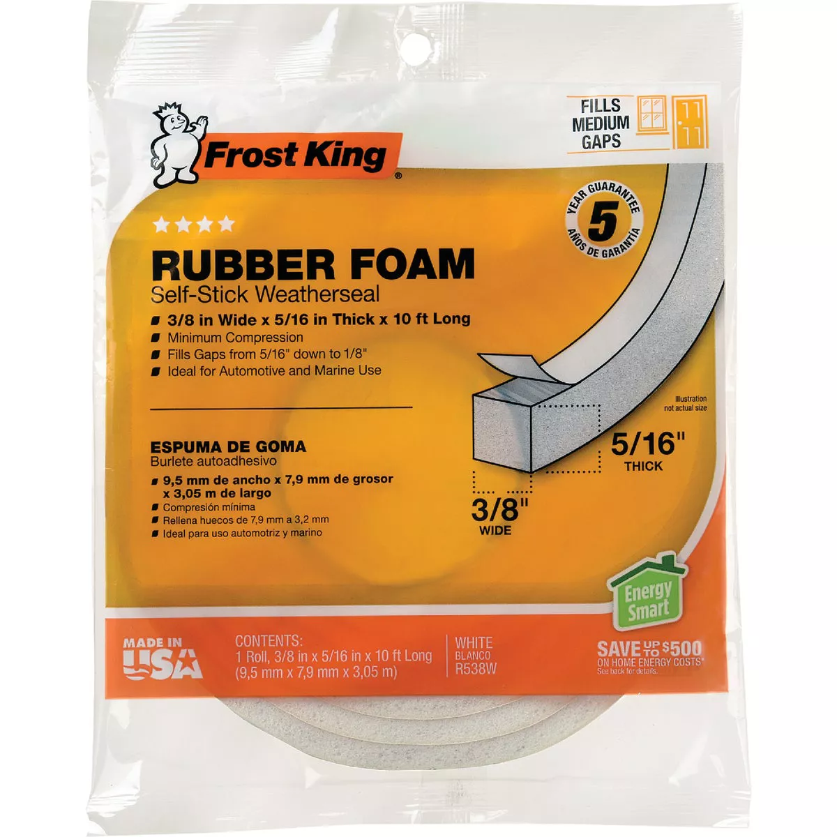Frost King's 3/8 In. x 5/16 In. x 10 Ft. White Rubber Foam Weatherseal Tape