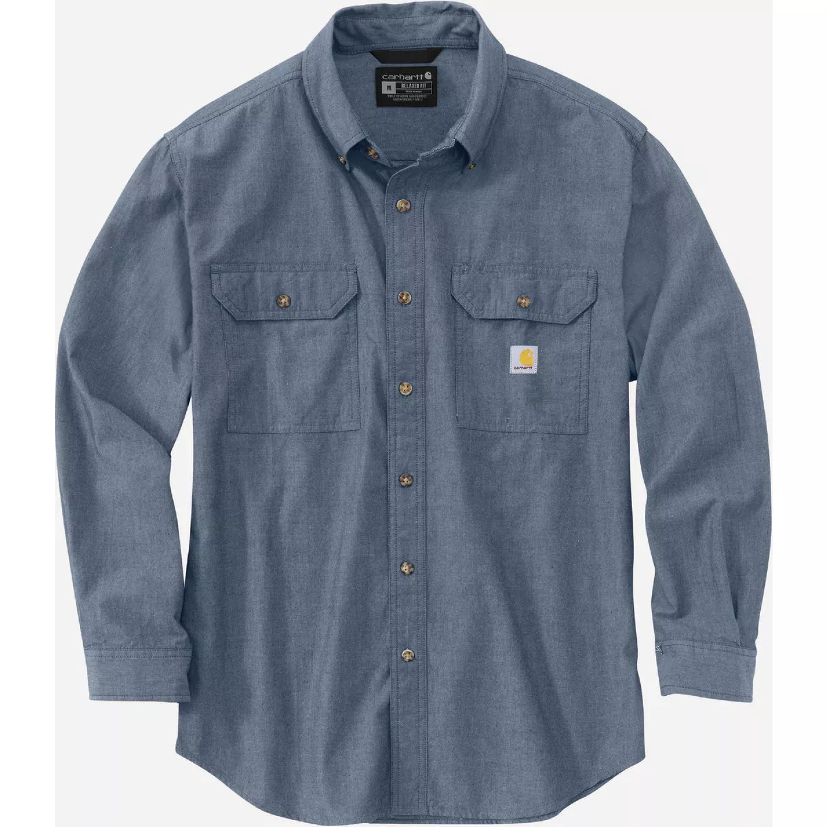 Carhartt Men's Medium Regular Denim Blue Chambray Long Sleeve Midweight Button Down Shirt, Loose Fit