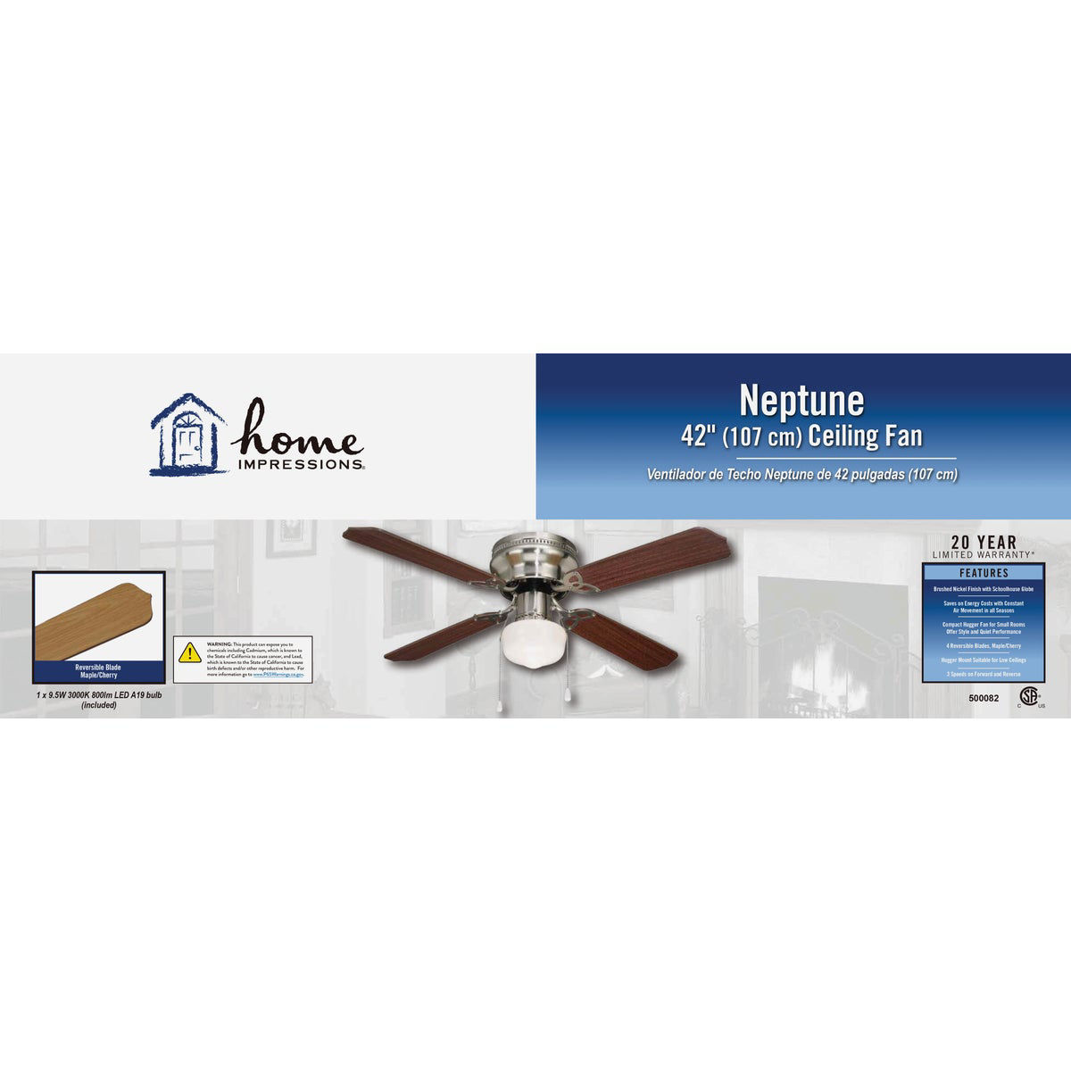 Home Impressions Neptune 42 In. Brushed Nickel Ceiling Fan with Light