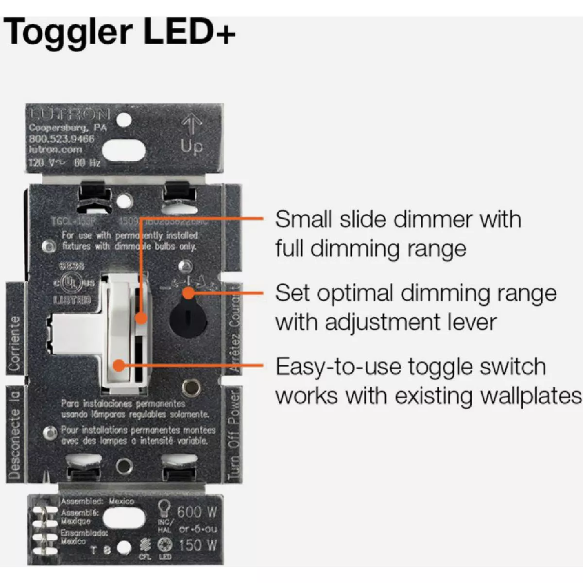 Lutron Toggler Incandescent/Halogen/LED/CFL White Slide Dimmer Switch - photo 11