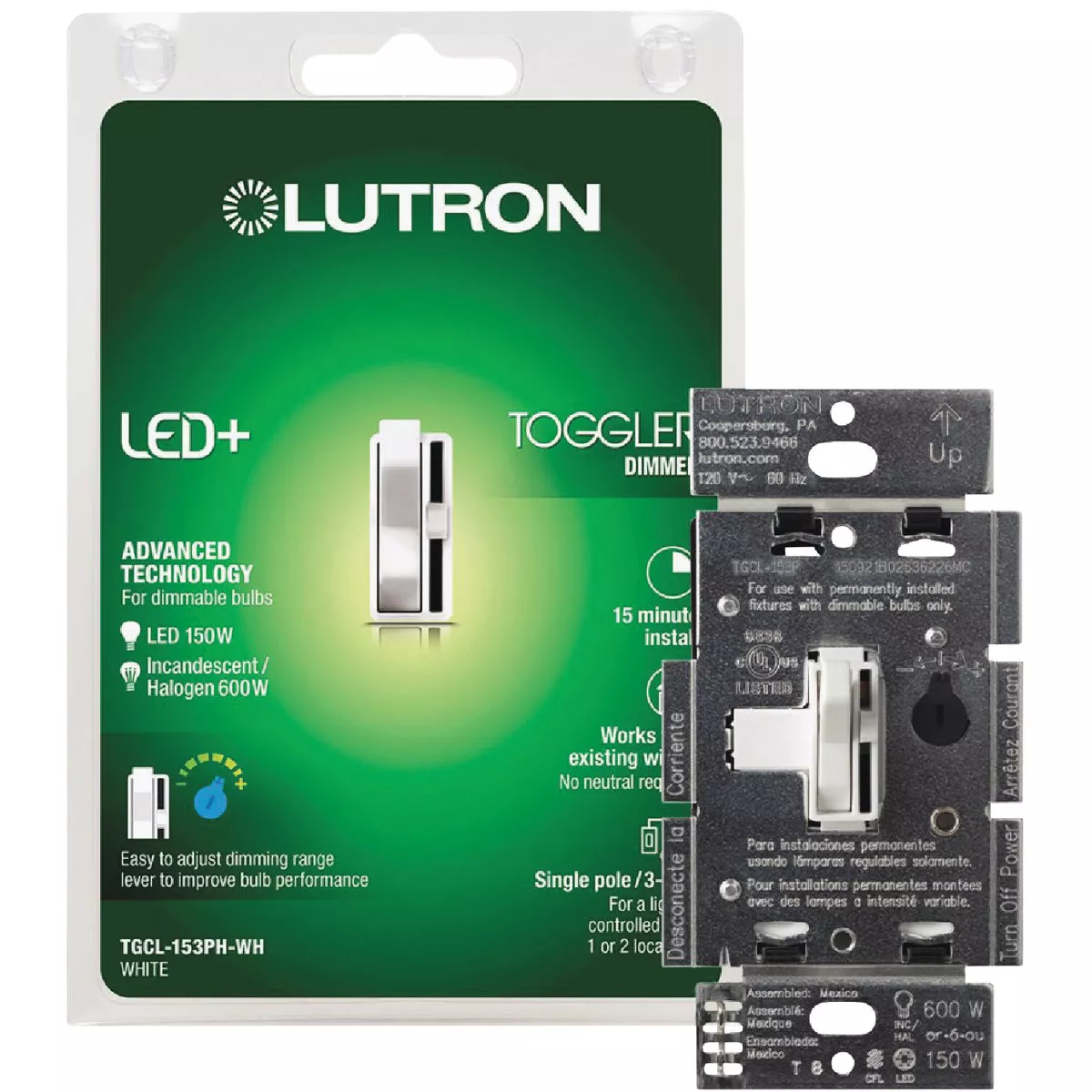 Lutron Toggler Incandescent/Halogen/LED/CFL White Slide Dimmer Switch - photo 12