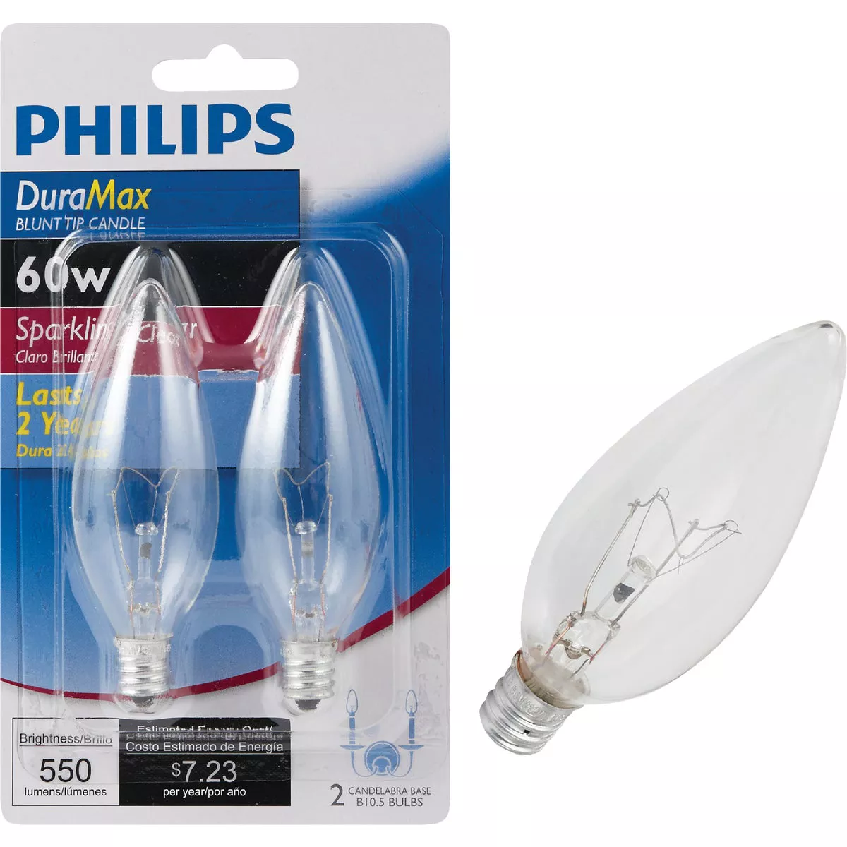 Philips DuraMax 60W Clear Candelabra Base B10.5 Incandescent Blunt Tip Light Bulb (2-Pack)
