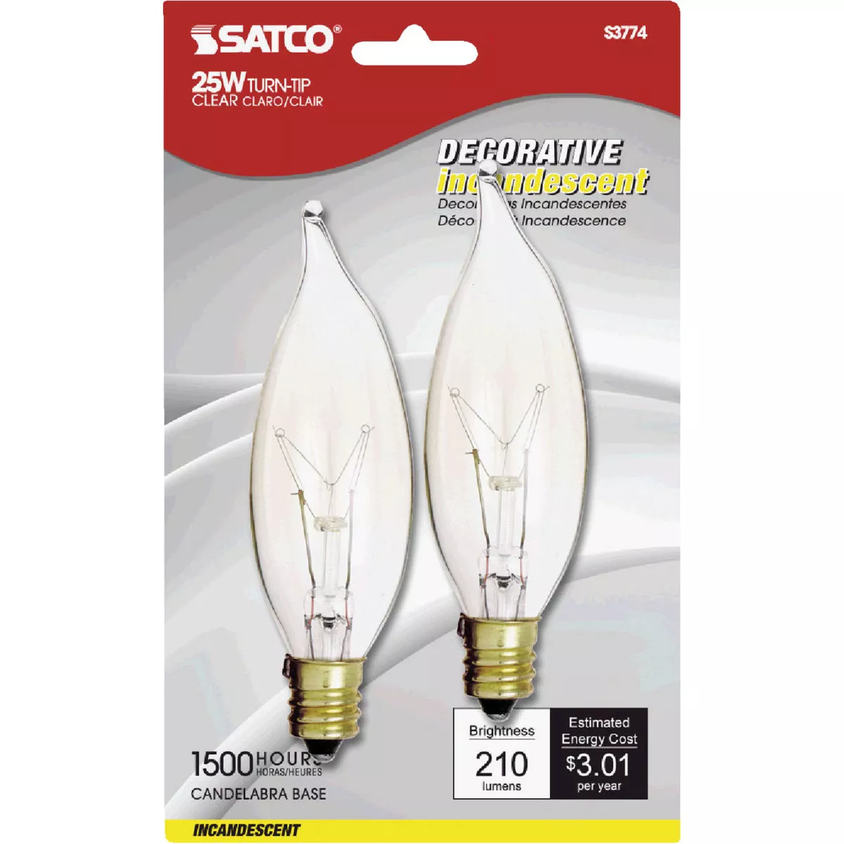 Satco 25W Clear Candelabra CA8 Incandescent Turn Tip Light Bulb (2-Pack)