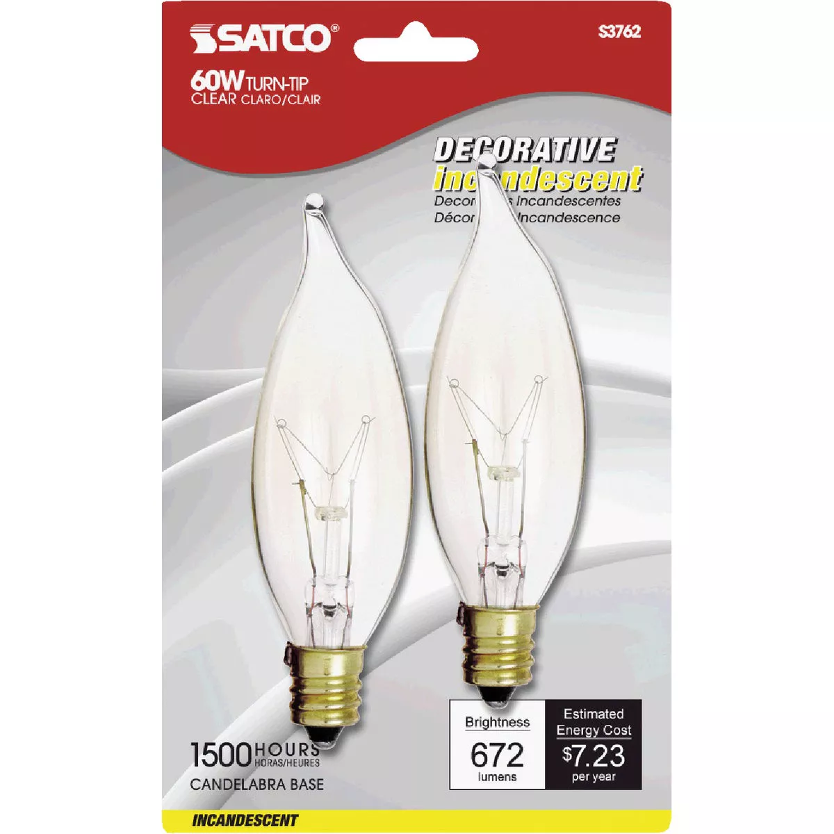 Satco 60W Clear Candelabra CA10 Incandescent Turn Tip Decorative Light Bulb (2-Pack)