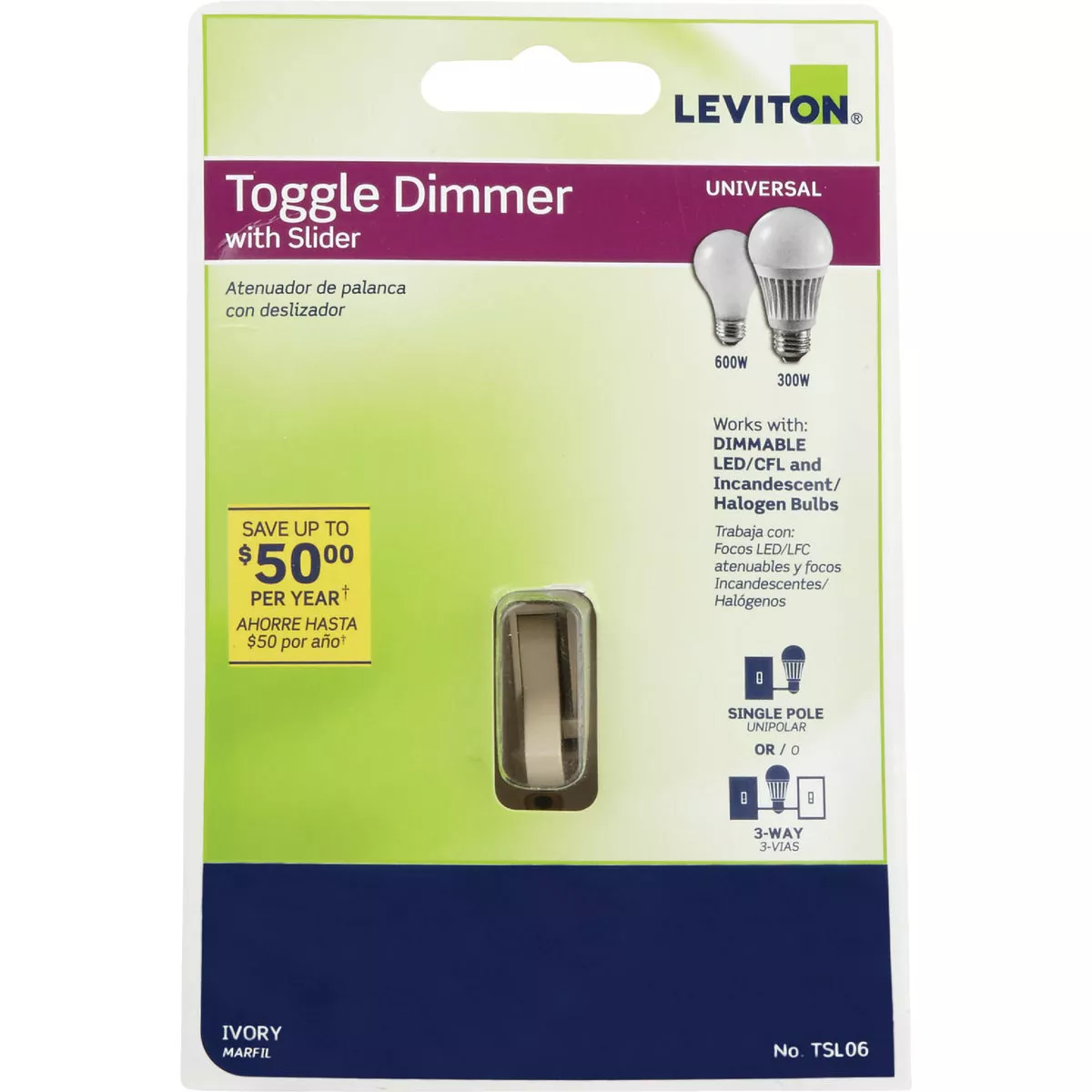 Leviton Incandescent/Halogen/LED/CFL Ivory Slide Dimmer Switch - photo 2