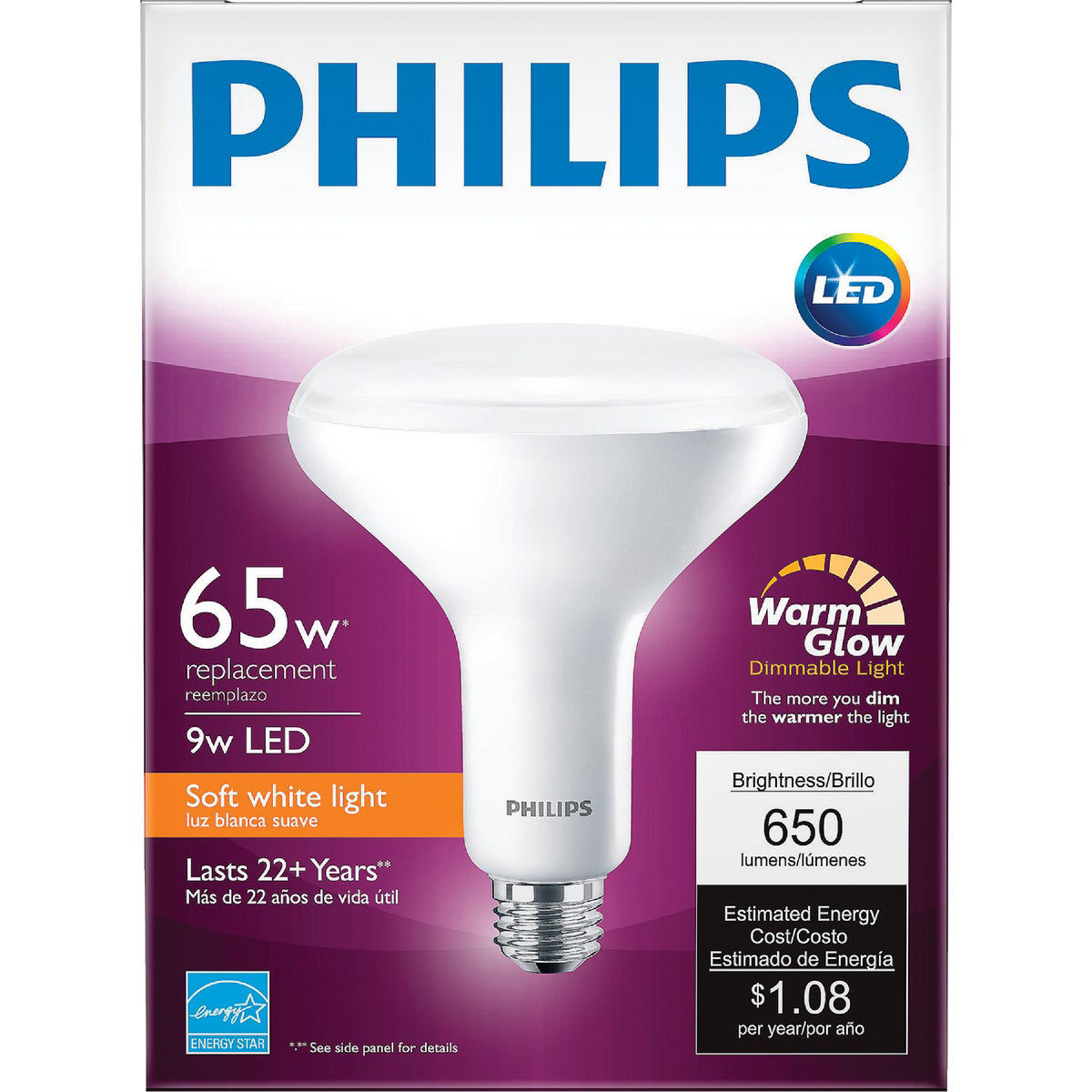Philips Warm Glow 65W Equivalent Soft White BR40 Medium Dimmable LED ...