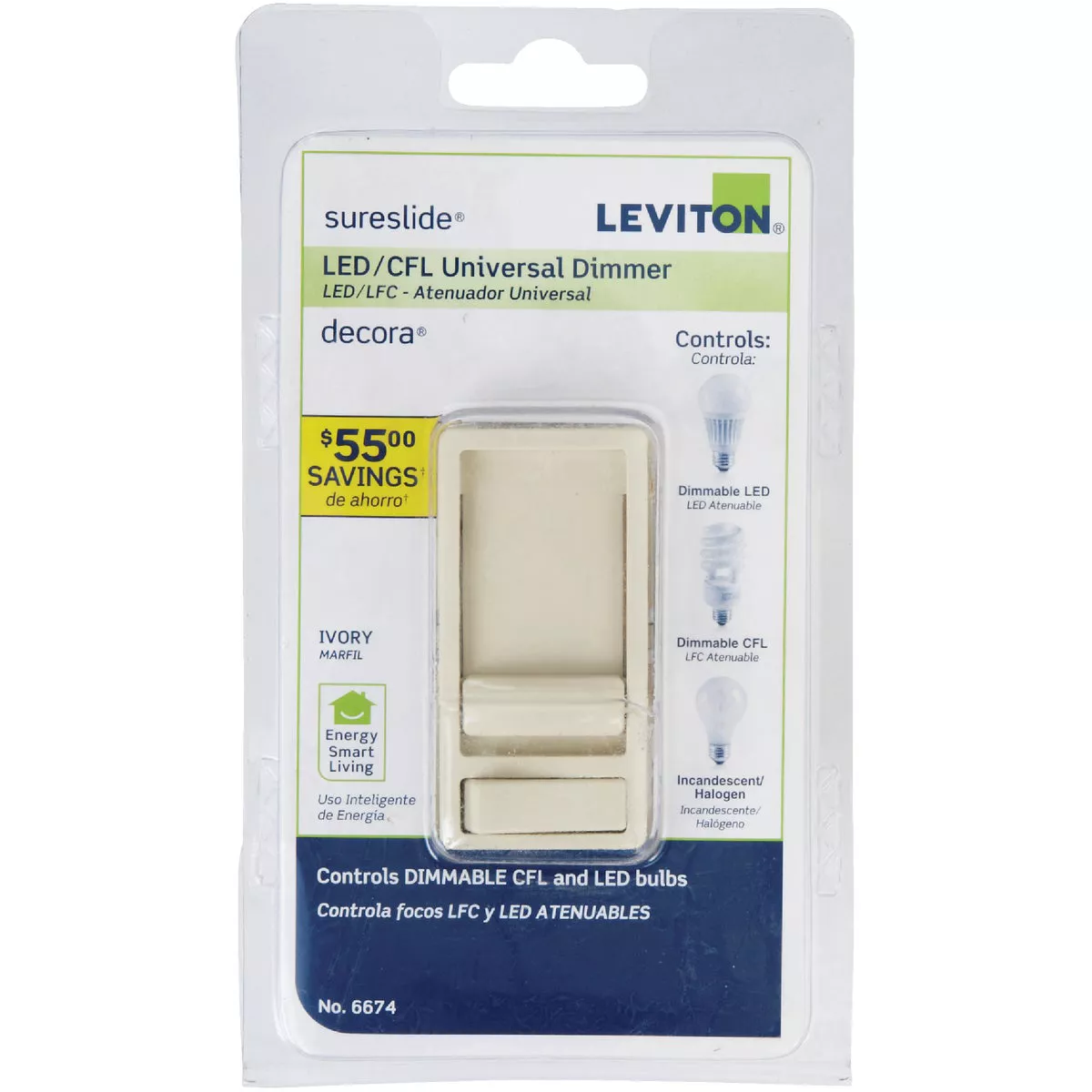 Leviton Decora Incandescent/LED/CFL Ivory Slide Dimmer Switch - photo 2