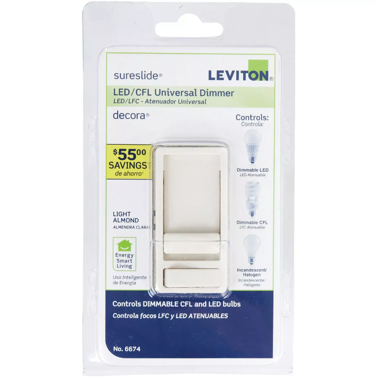 Leviton Decora Incandescent/LED/CFL Light Almond Slide Dimmer Switch - photo 2