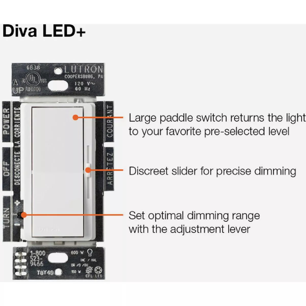 Lutron Diva Incandescent/Halogen/LED/CFL Ivory Slide Dimmer Switch - photo 4