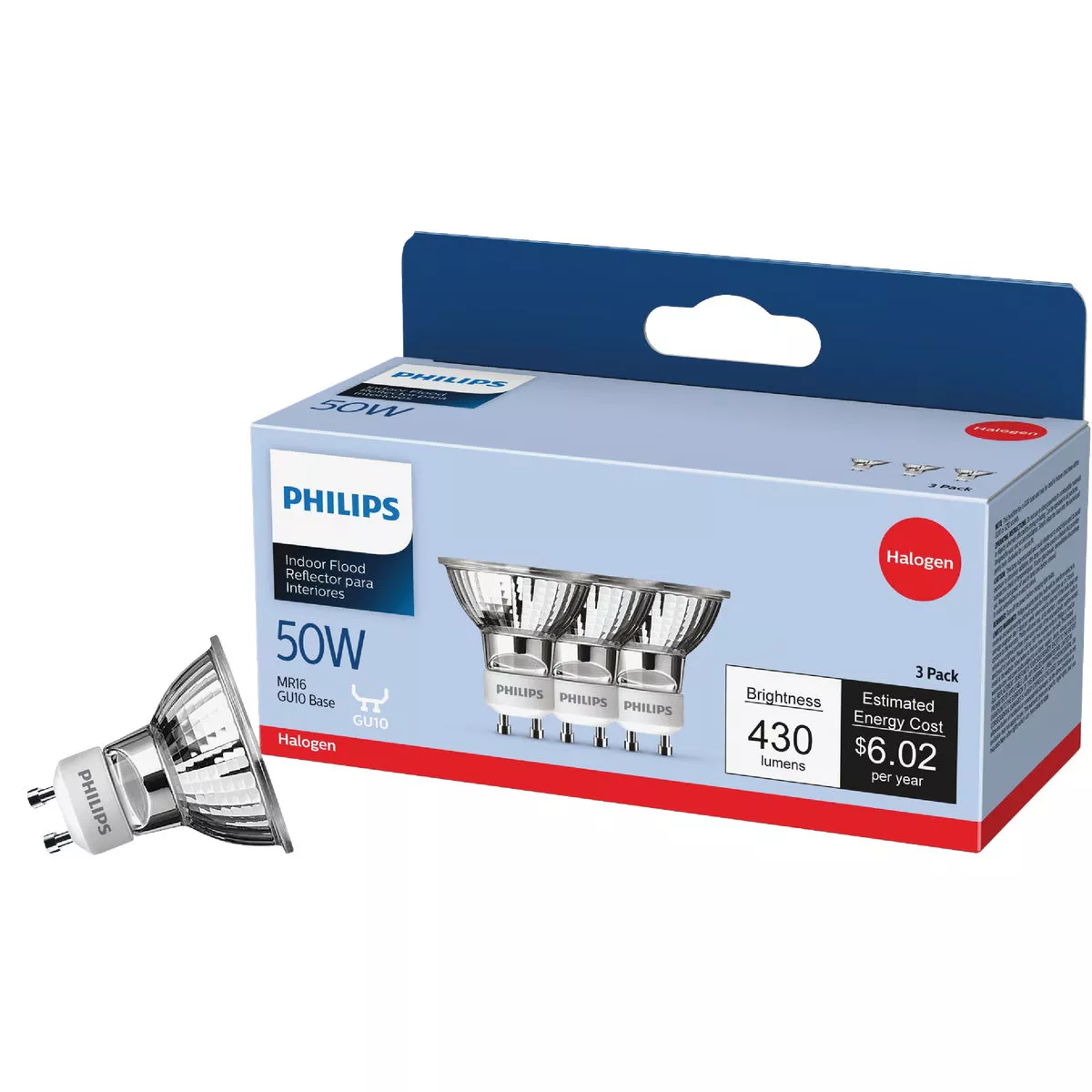 Philips 60W Equivalent Clear GU10 Base MR16 Halogen Floodlight Light Bulb (3-Pack)