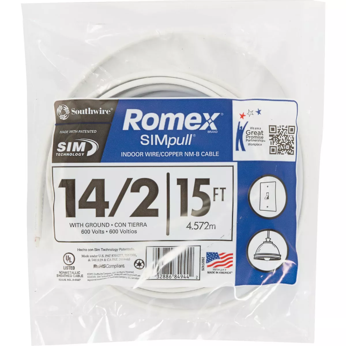 Romex 15 Ft. 14/2 Solid White NMW/G Electrical Wire | Do it Best