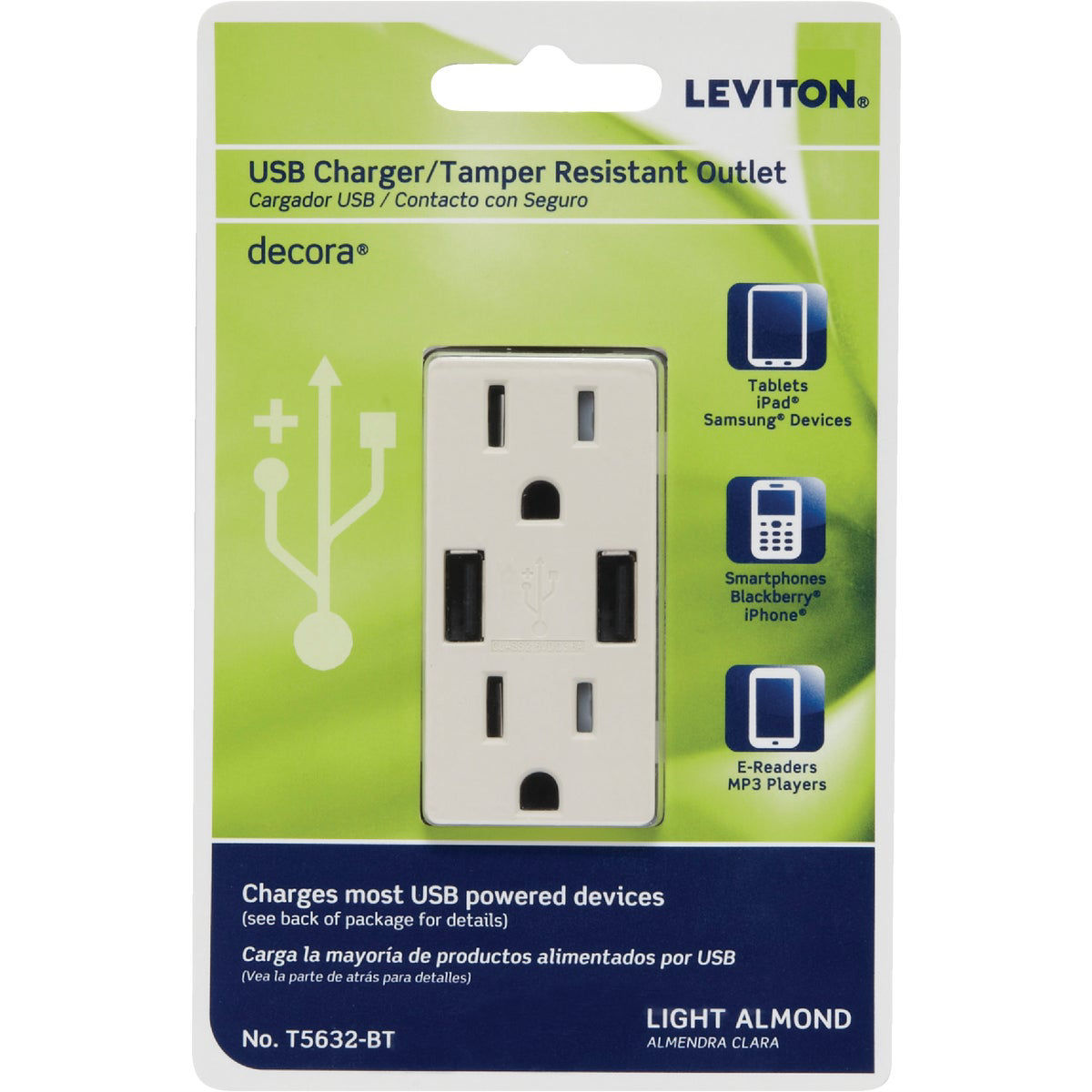 Leviton Decora 3.6A 5V Light Almond 2-Port USB Charging Outlet with 5 ...