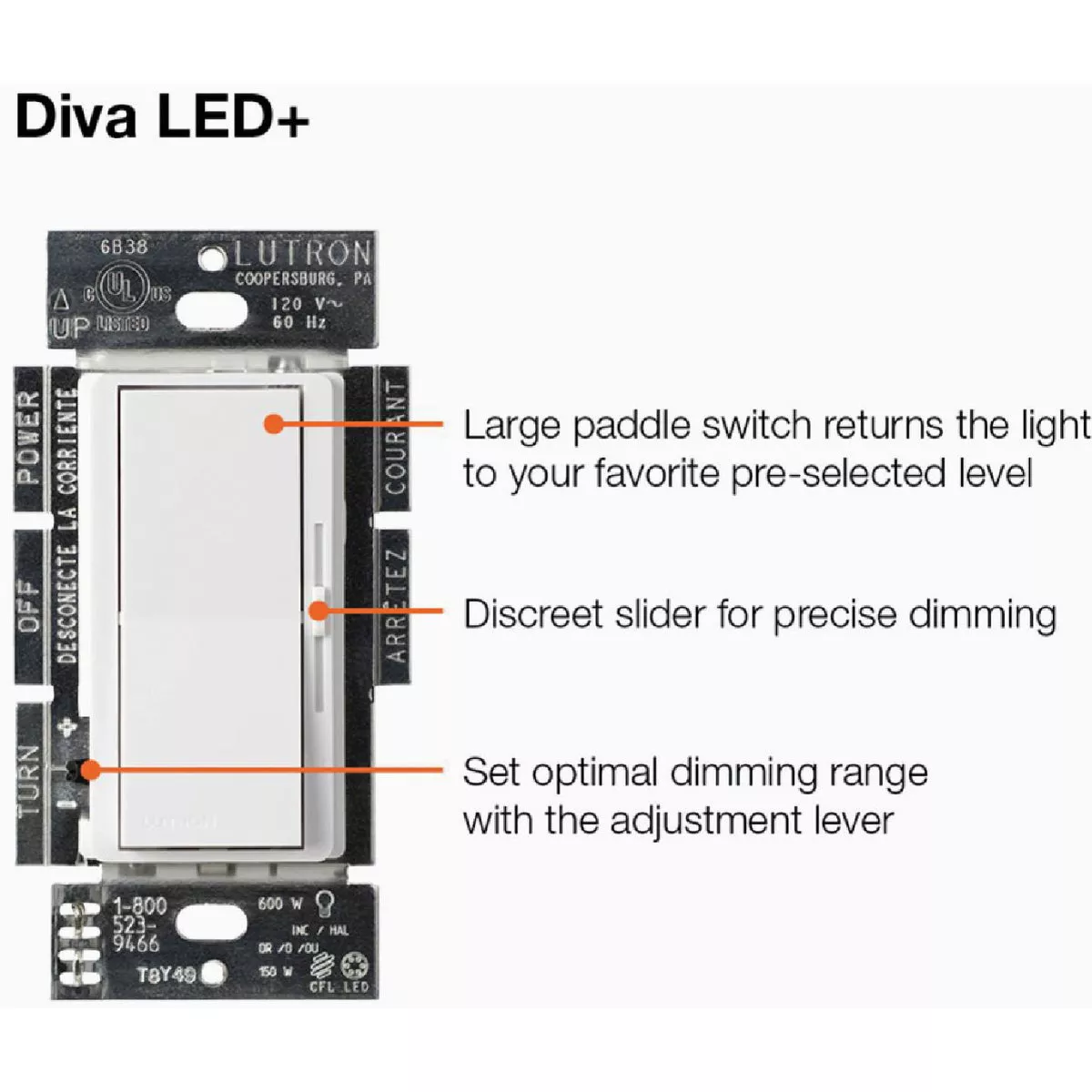 Lutron Diva Incandescent/Halogen/LED/CFL Light Almond Slide Dimmer Switch - photo 9