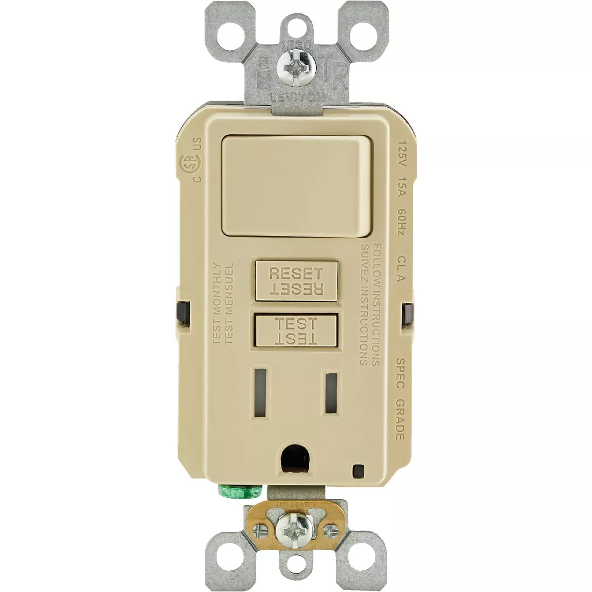 Leviton Ivory 15A Self-Test Tamper Resistant GFCI Switch & Outlet Combination With Wallplate - photo 2