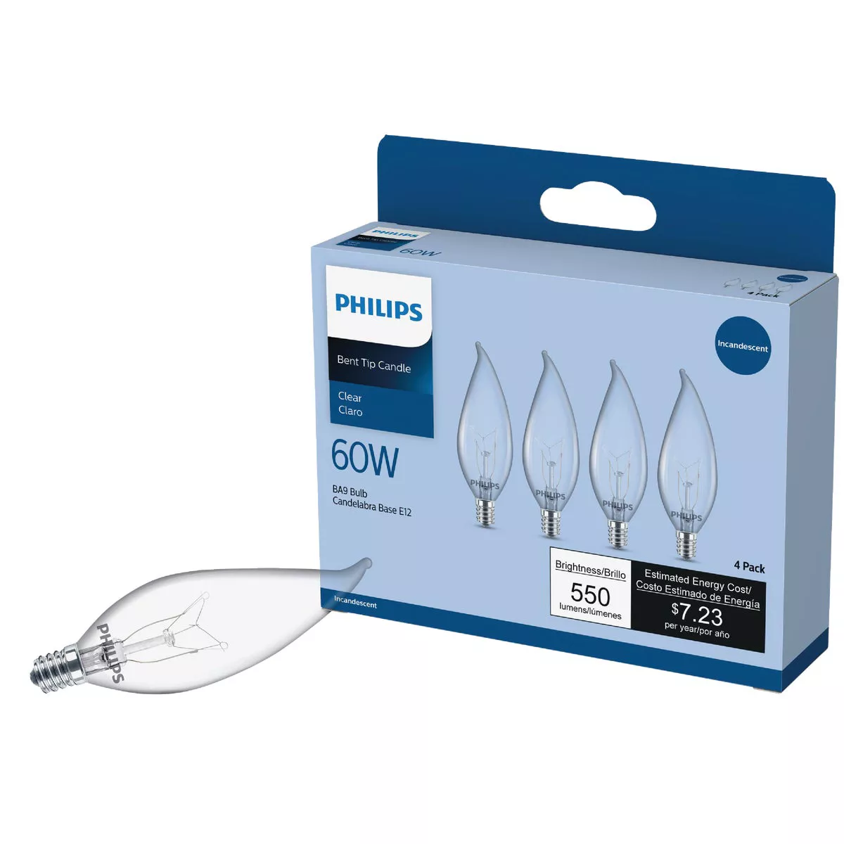 Philips DuraMax 60W Clear Candelabra BA9 Incandescent Bent Tip Light Bulb (4-Pack)