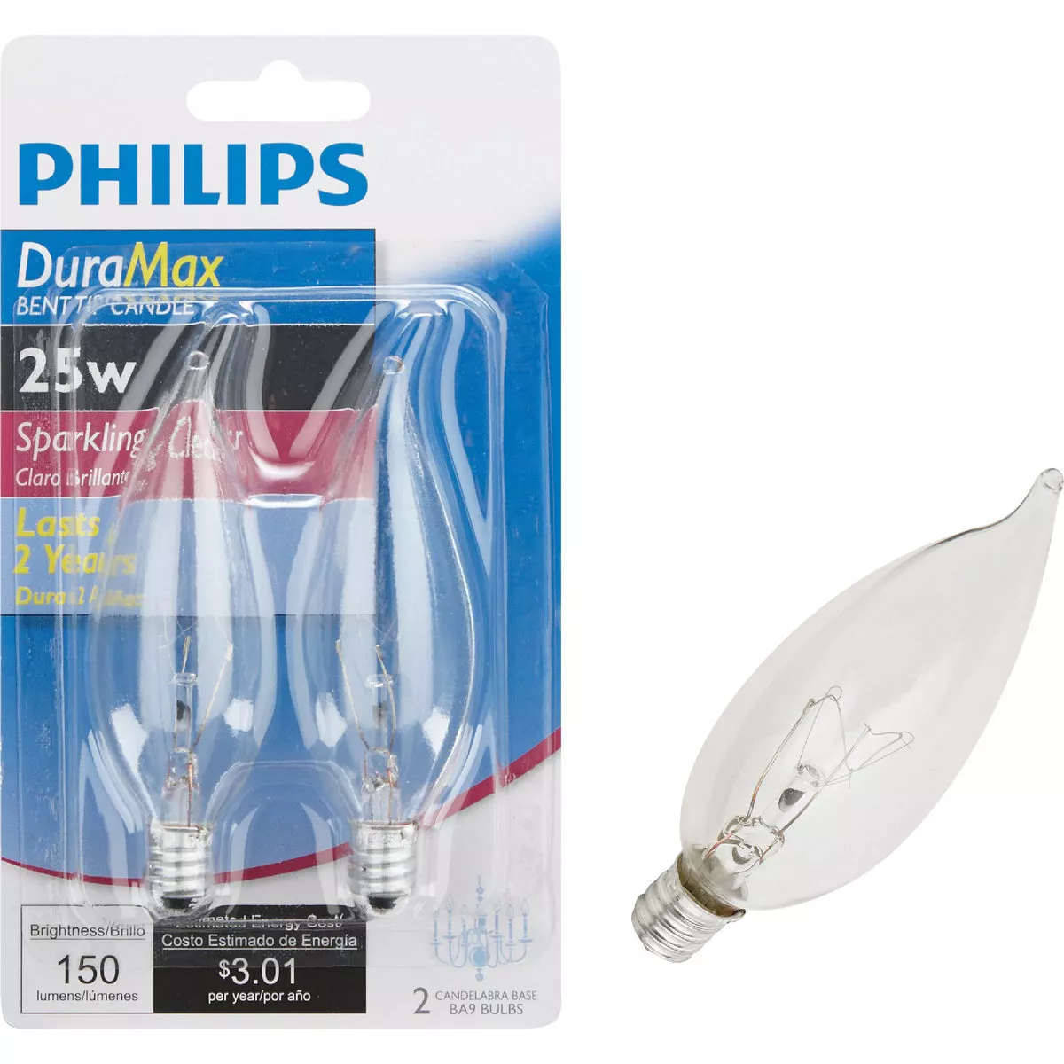Philips DuraMax 25W Clear Candelabra Base BA9 Incandescent Bent Tip Light Bulb (2-Pack)