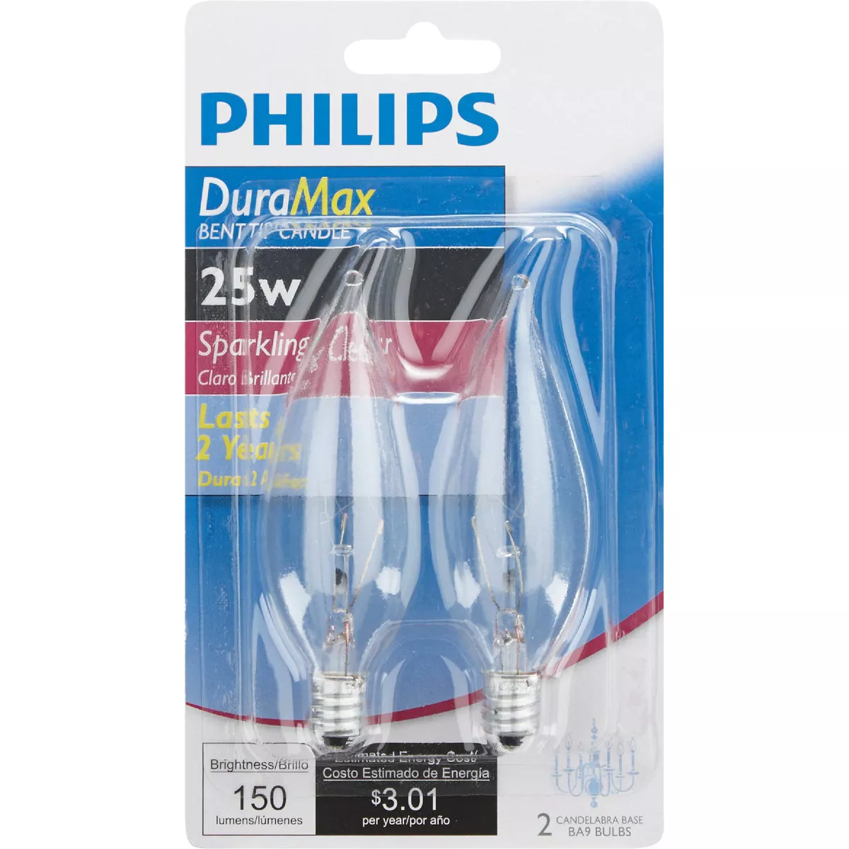 Philips DuraMax 25W Clear Candelabra Base BA9 Incandescent Bent Tip Light Bulb (2-Pack) - photo 2
