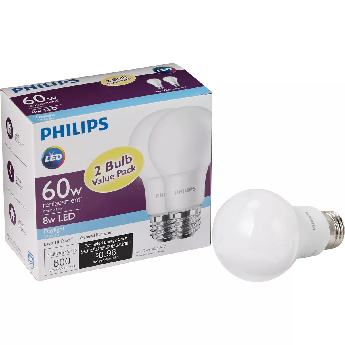 Philips 60W Equivalent Daylight A19 Medium LED Light Bulb (2-Pack)